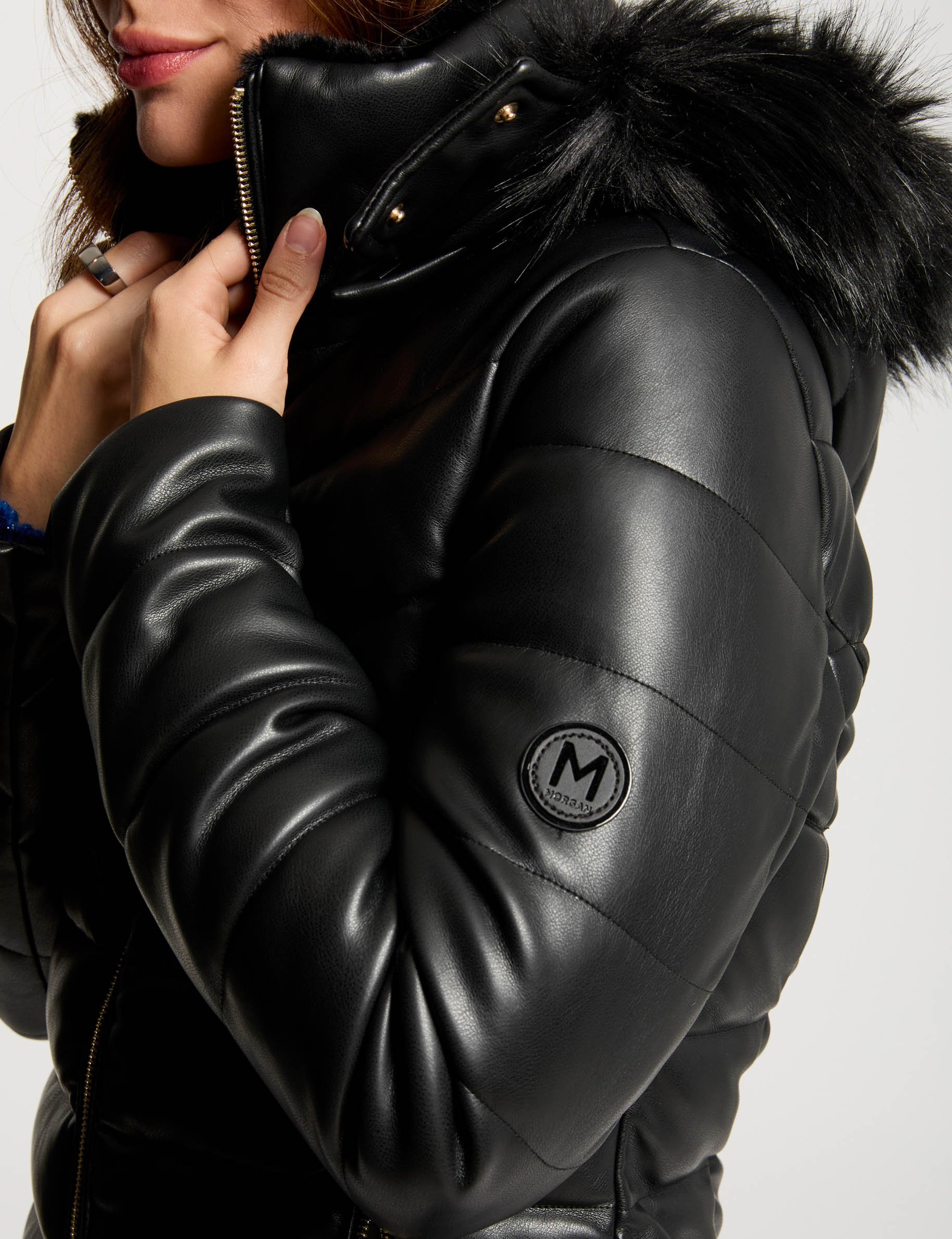 faux leather padded jacket black women Faux leather padded jacket black women