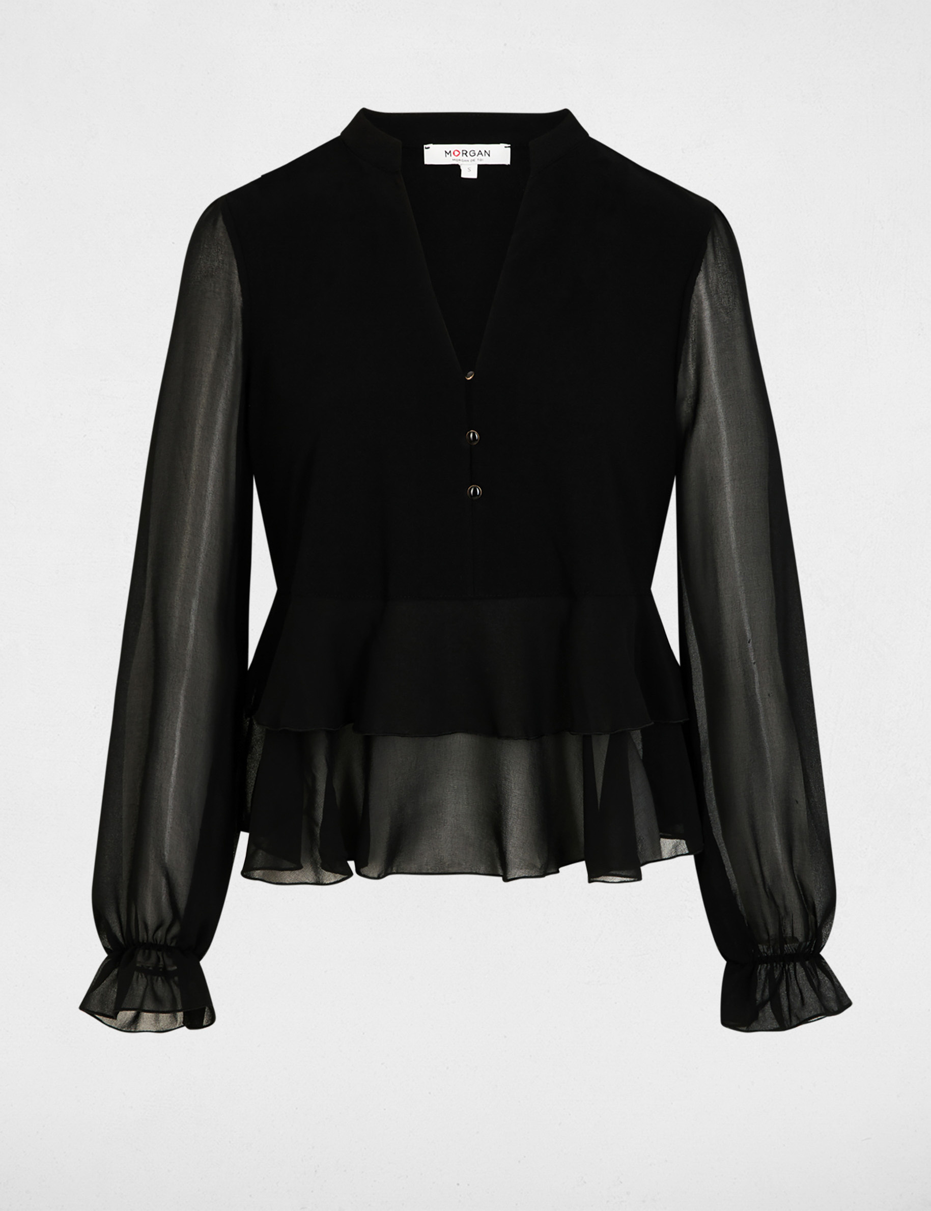 T-shirt col v volants noir femme