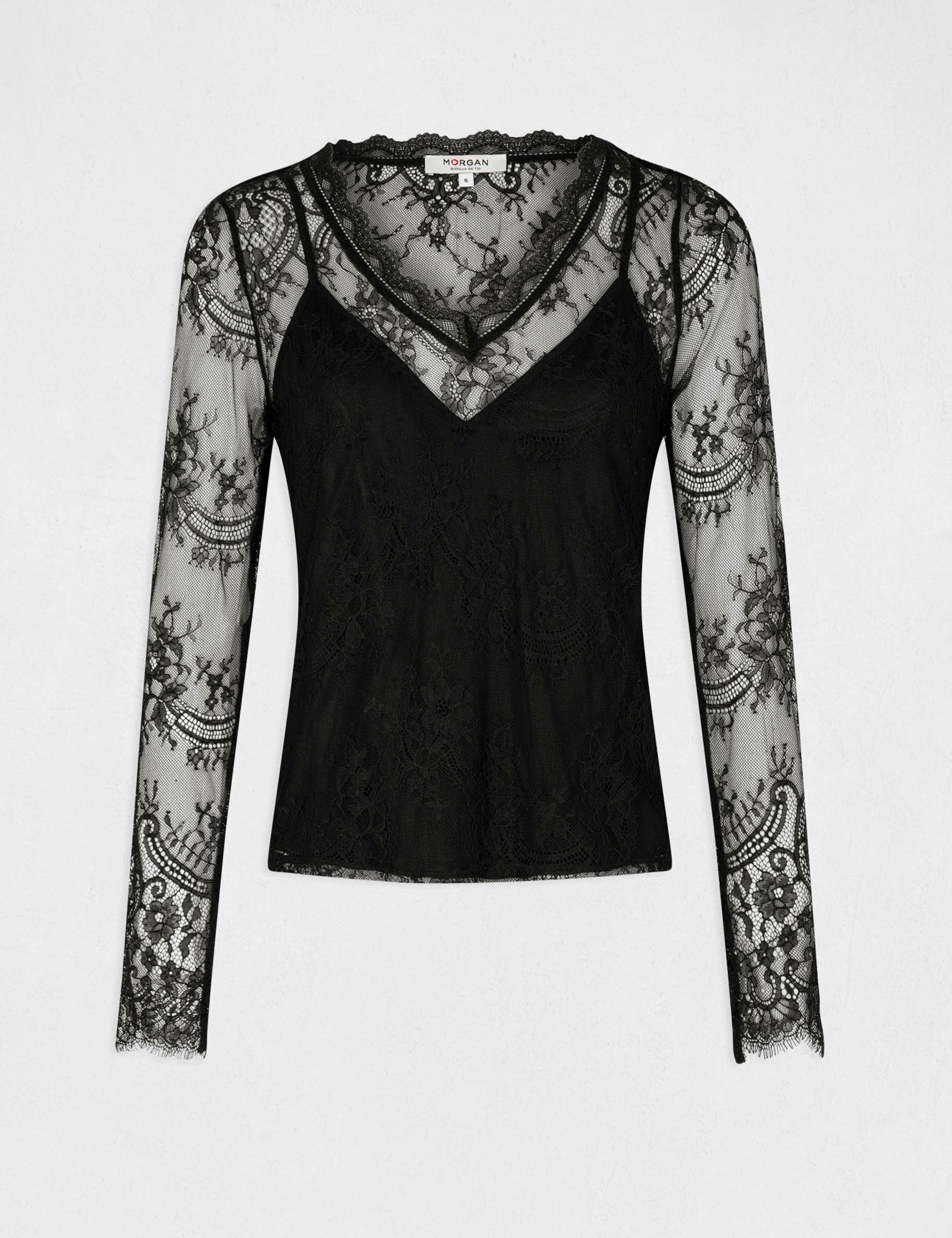 Long sleeved t shirt with lace black ladies