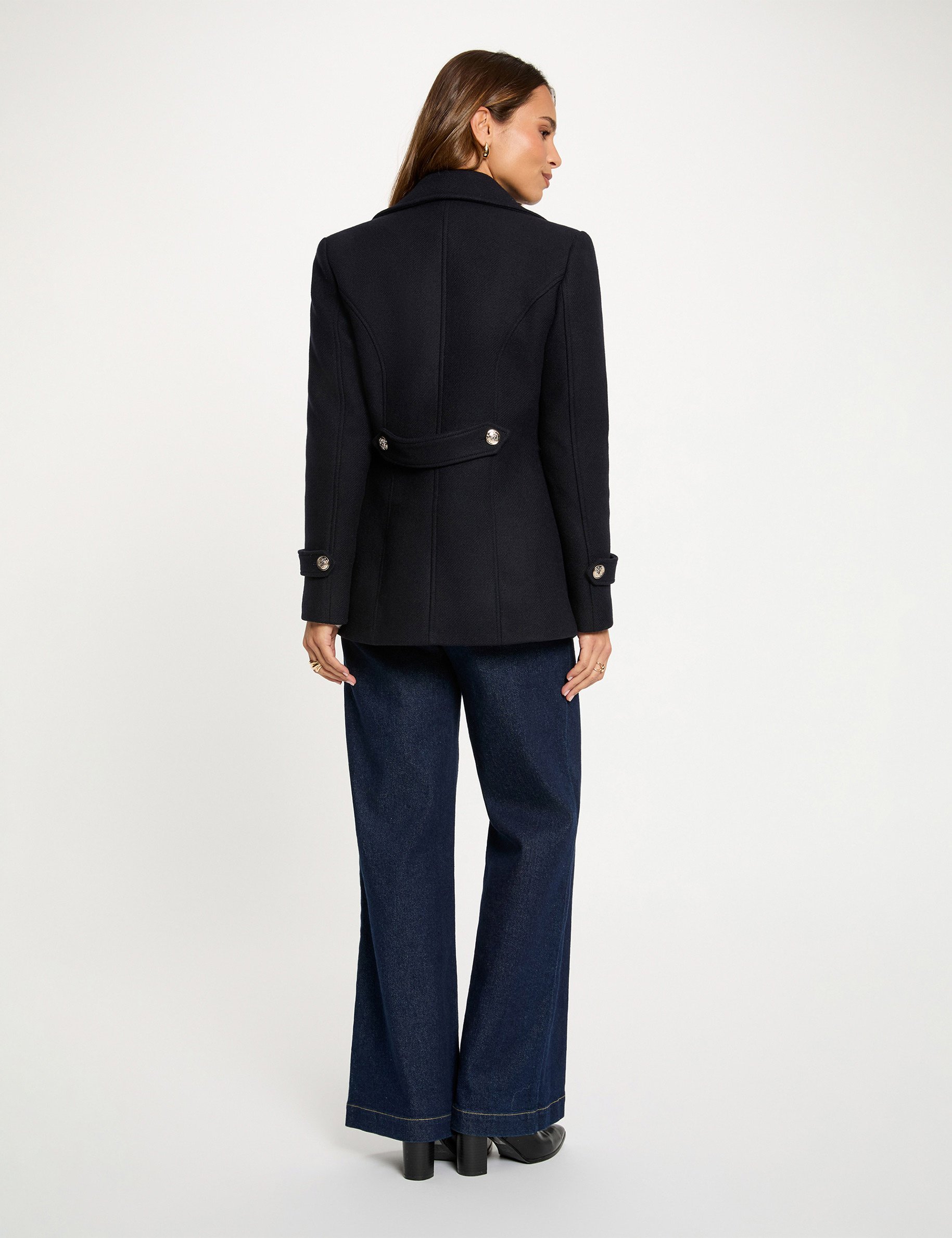 Straight coat with tailored collar navy blue women