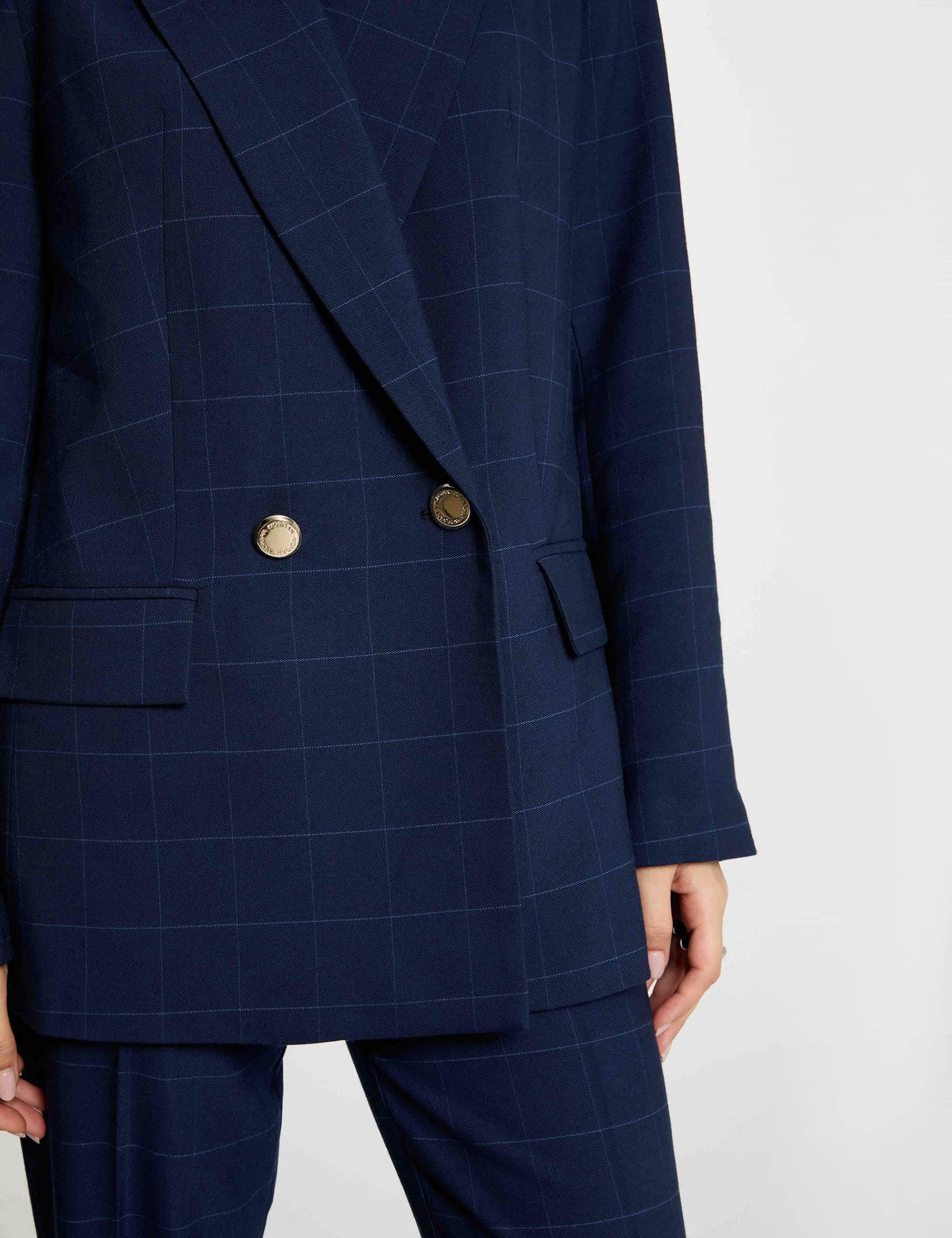 Checked straight blazer navy blue women