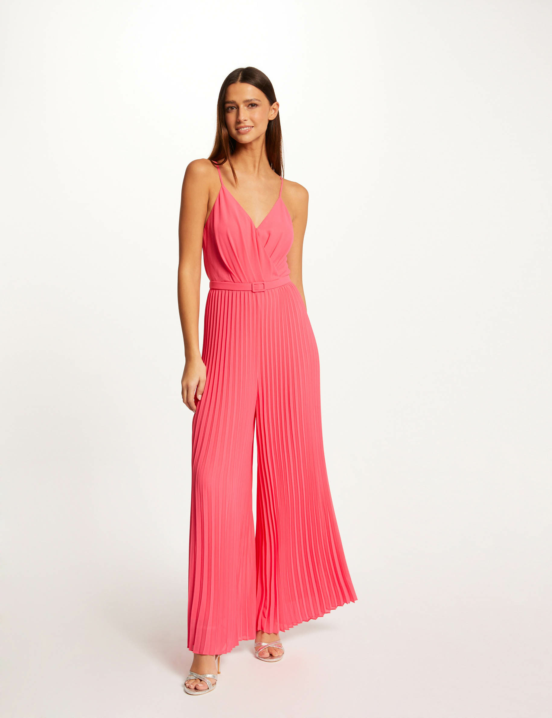 Wide leg pleated jumpsuit with open back pink ladies'