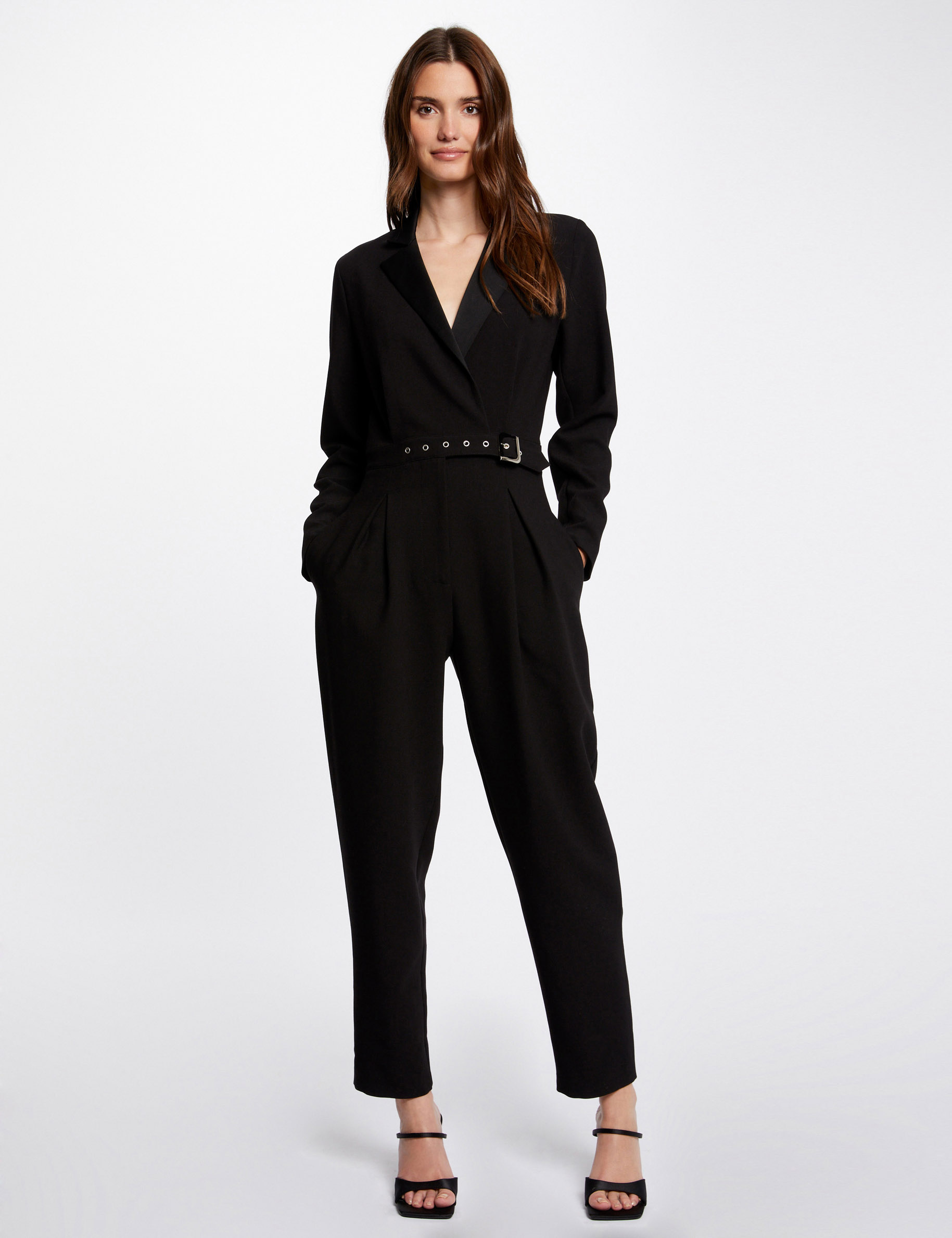 Straight belted jumpsuit black ladies'