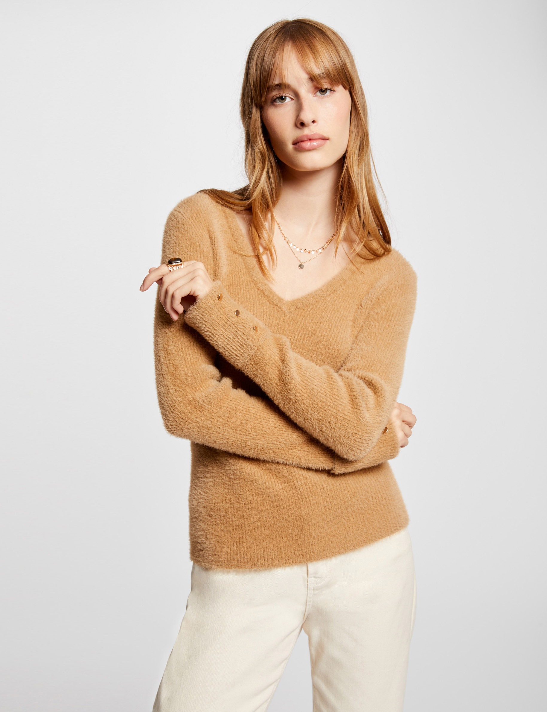 Long sleeved jumper with fluffy knit camel women Morgan