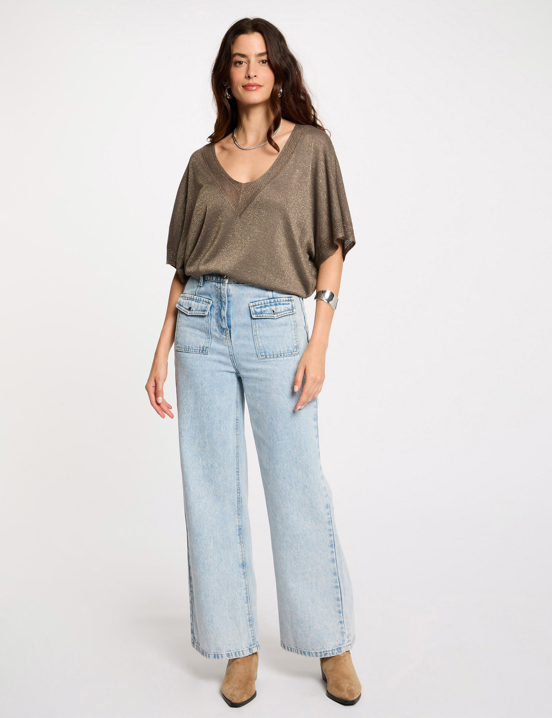 jumper v neck short sleeves khaki green women Jumper V-neck short sleeves khaki green women