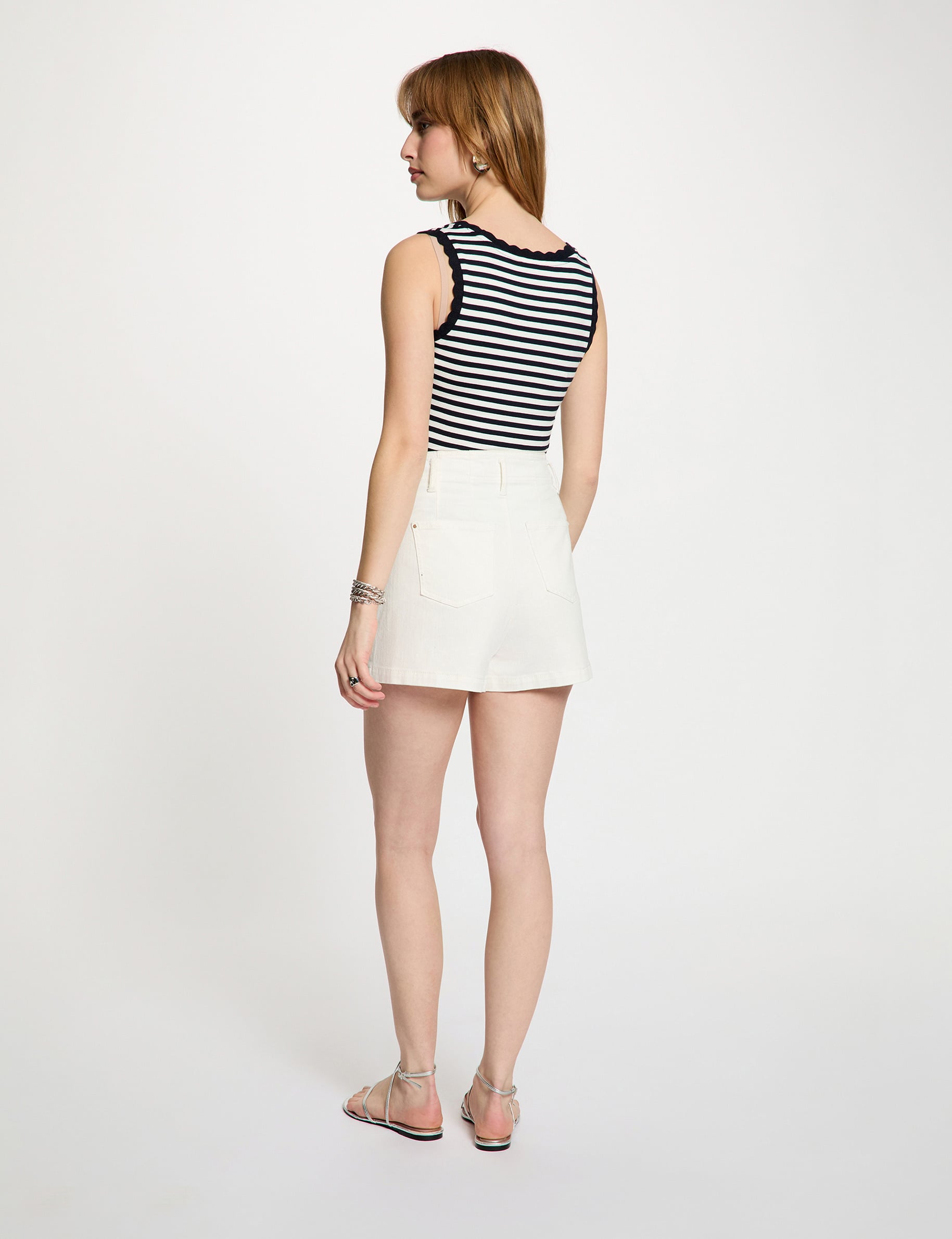 Striped round neck tank top navy blue women