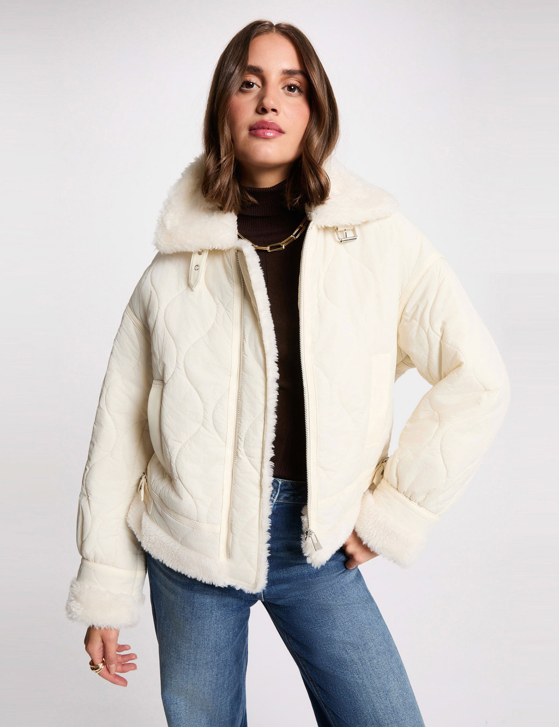 Fitted short puffer jacket ivory women