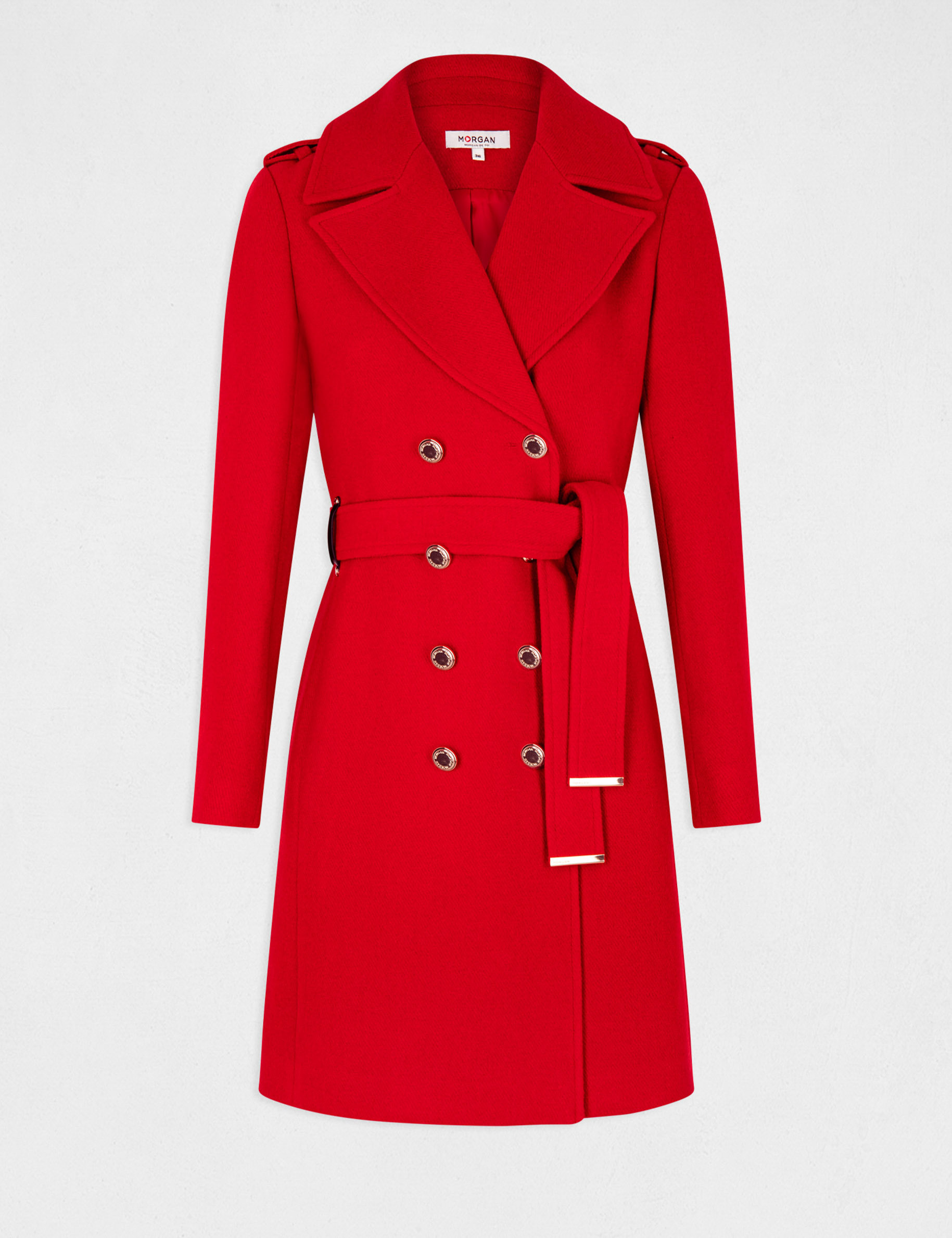Long belted straight coat with buttons red ladies Morgan