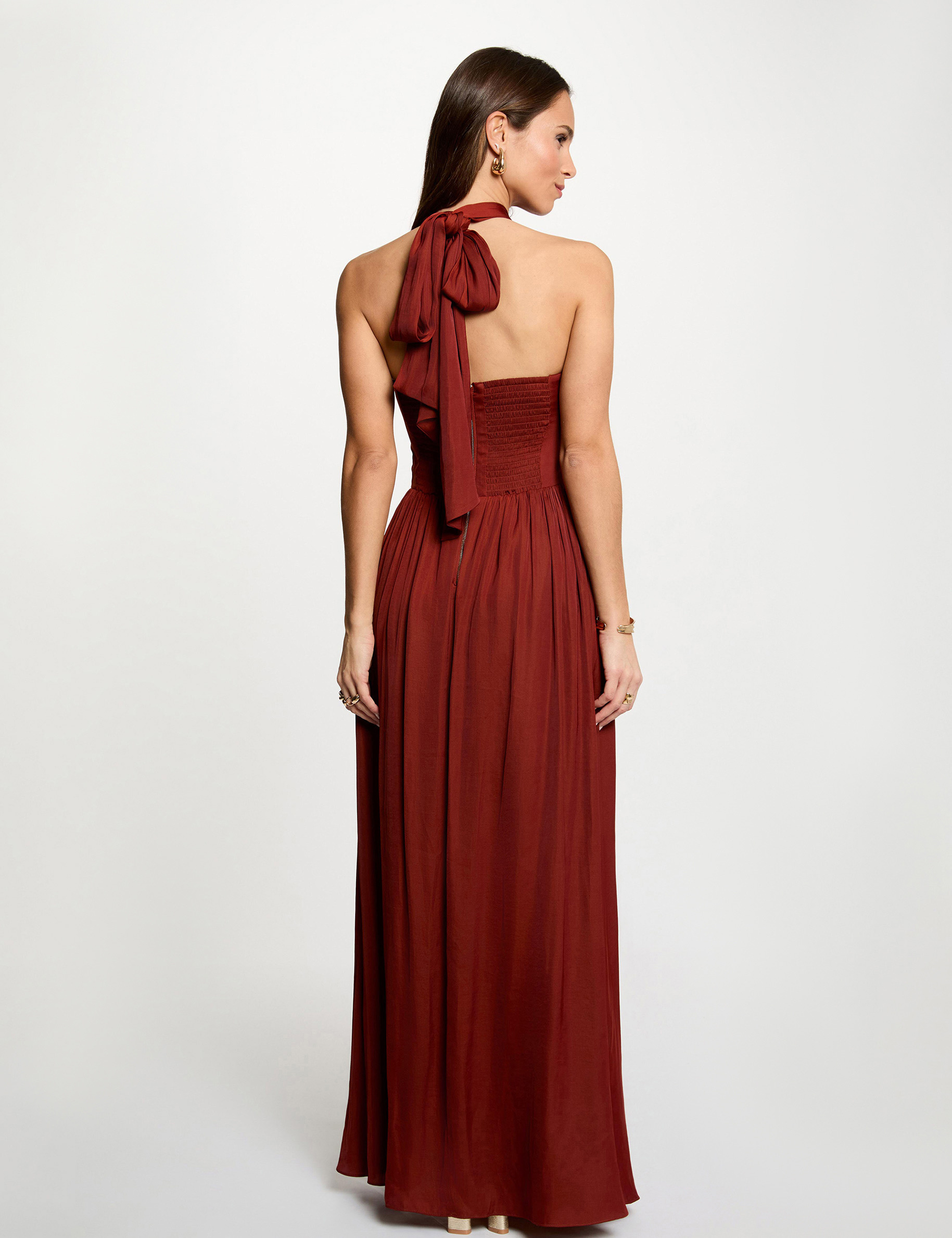 Long dress with tied neck cognac brown women