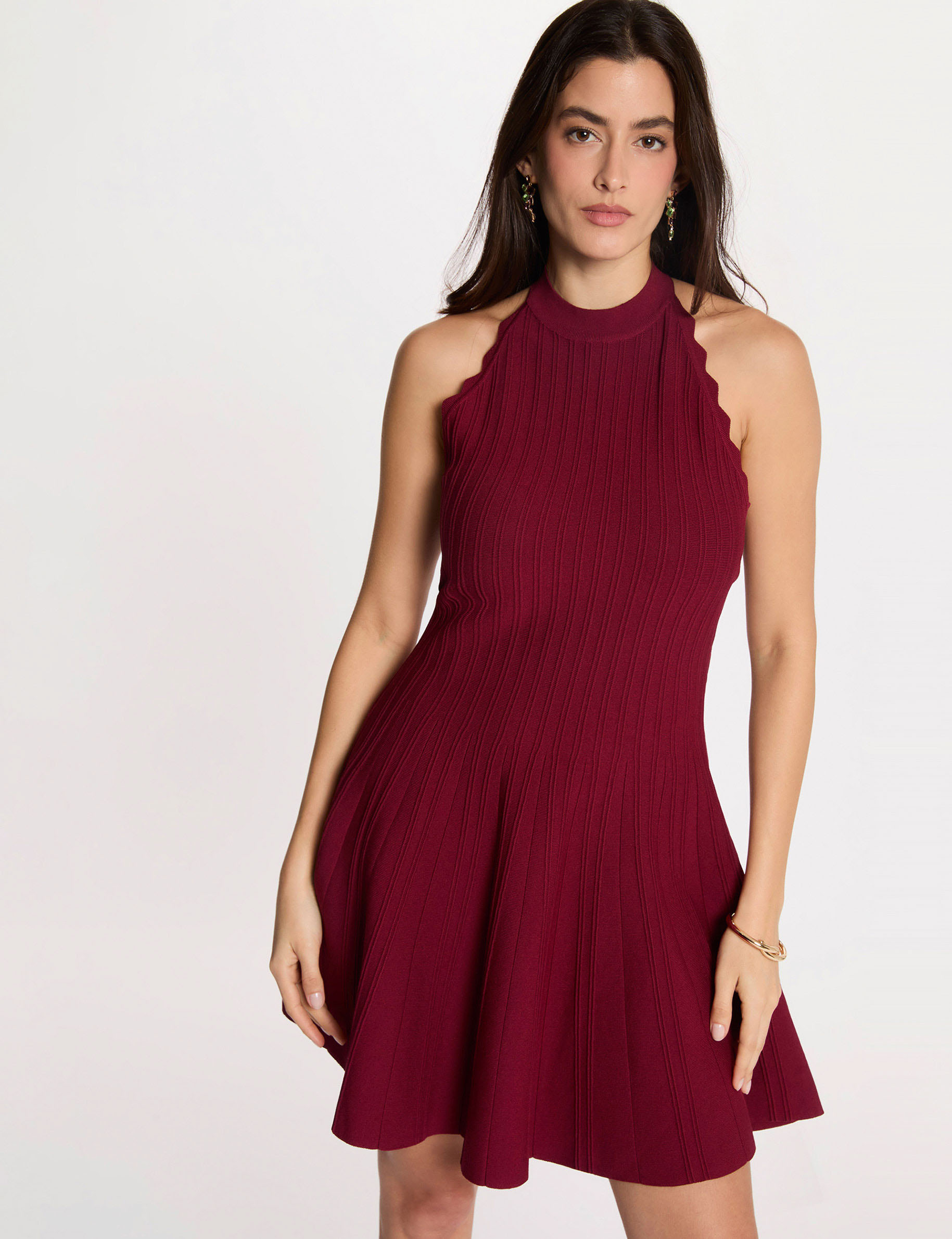 Sleeveless knitted flared dress bordeaux women