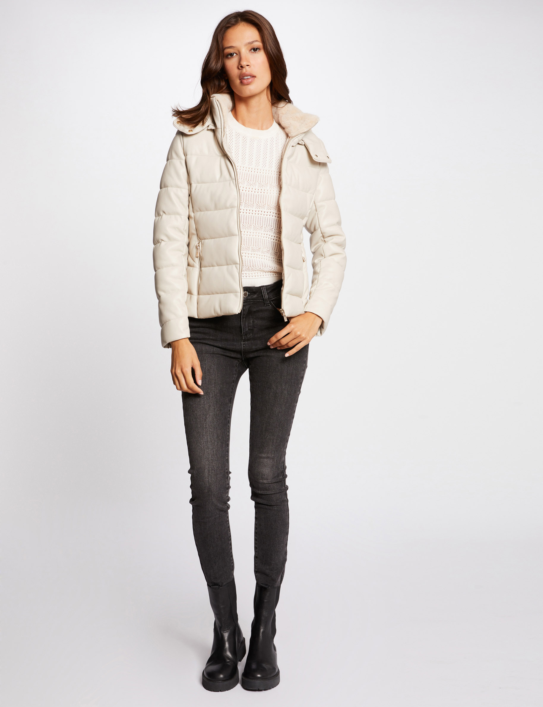 Straight padded jacket with hood ivory ladies'