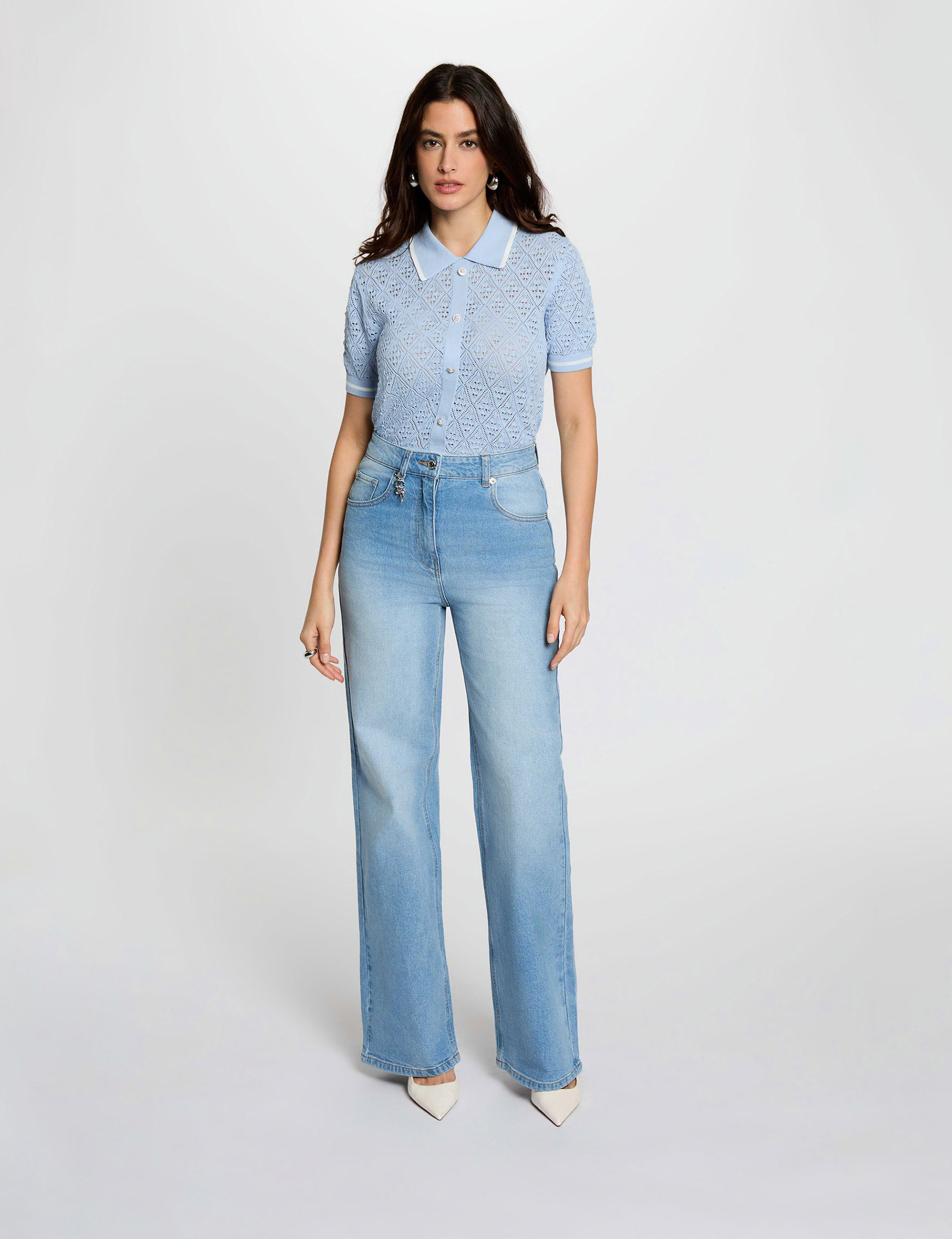 High-waisted wide-leg jeans heavy stone wash denim women