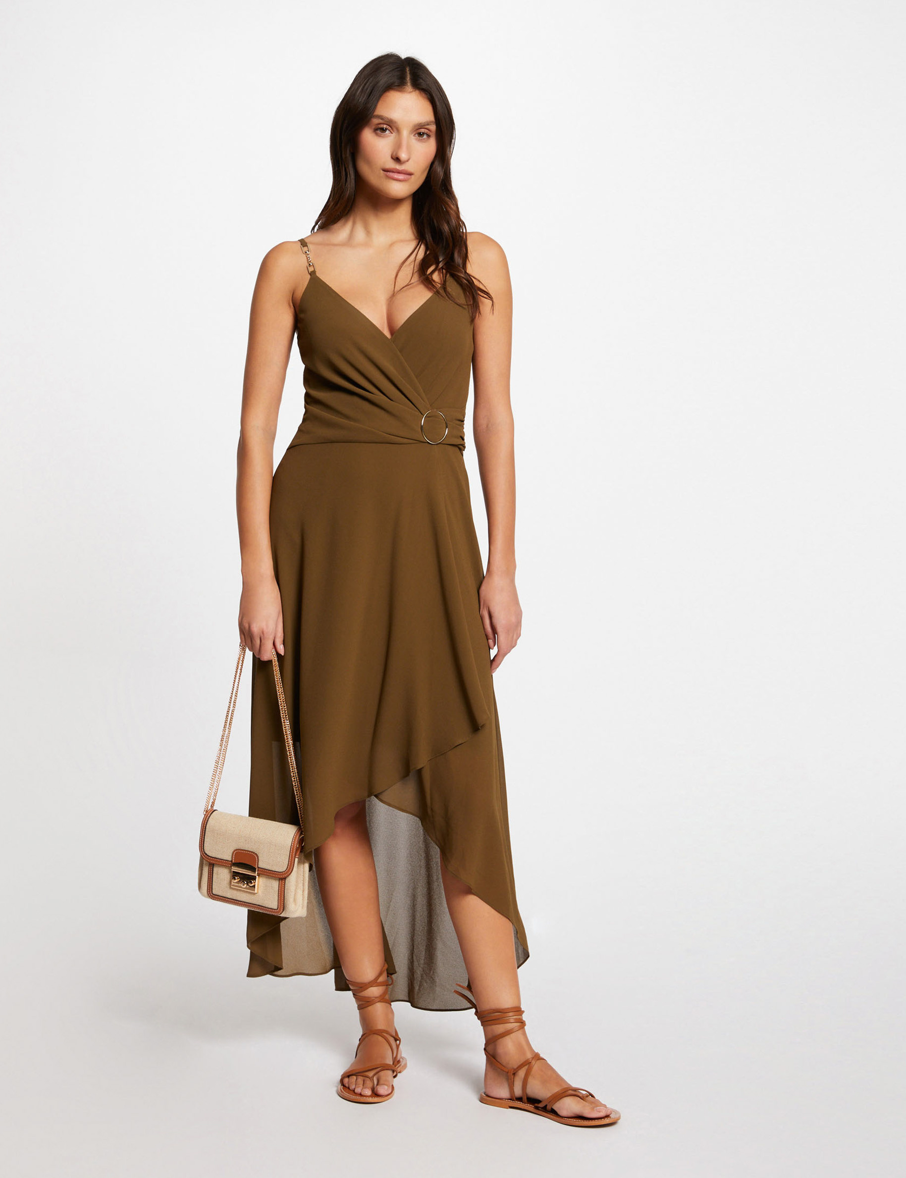 Midi dress with thin straps khaki green ladies'