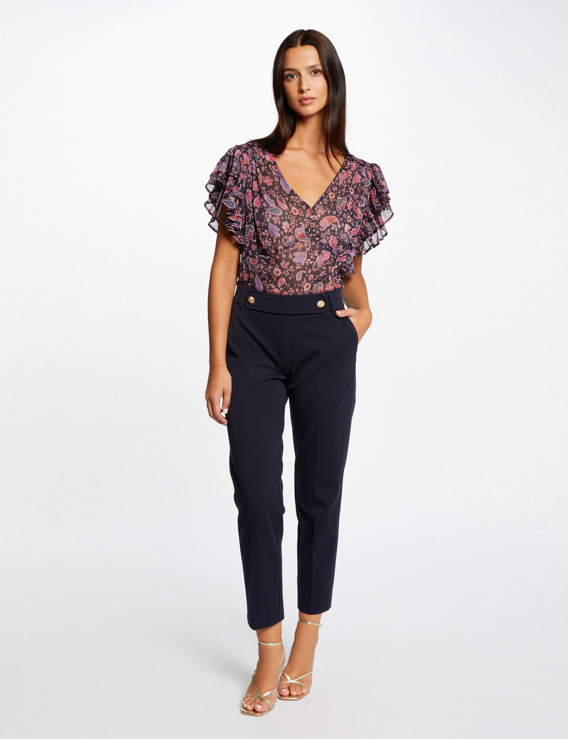 Short-sleeved blouse paisley print navy ladies'