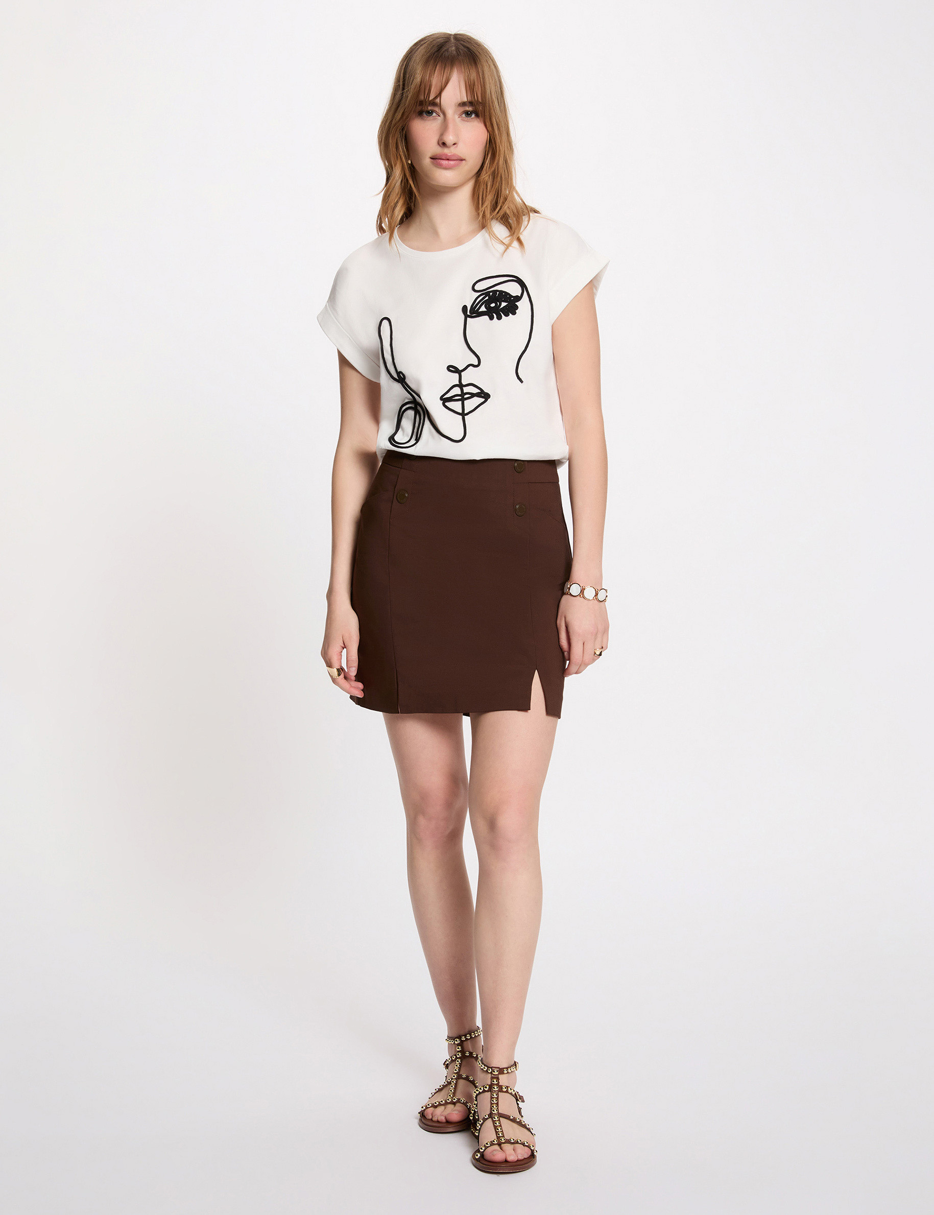 Face embroidery t-shirt white women