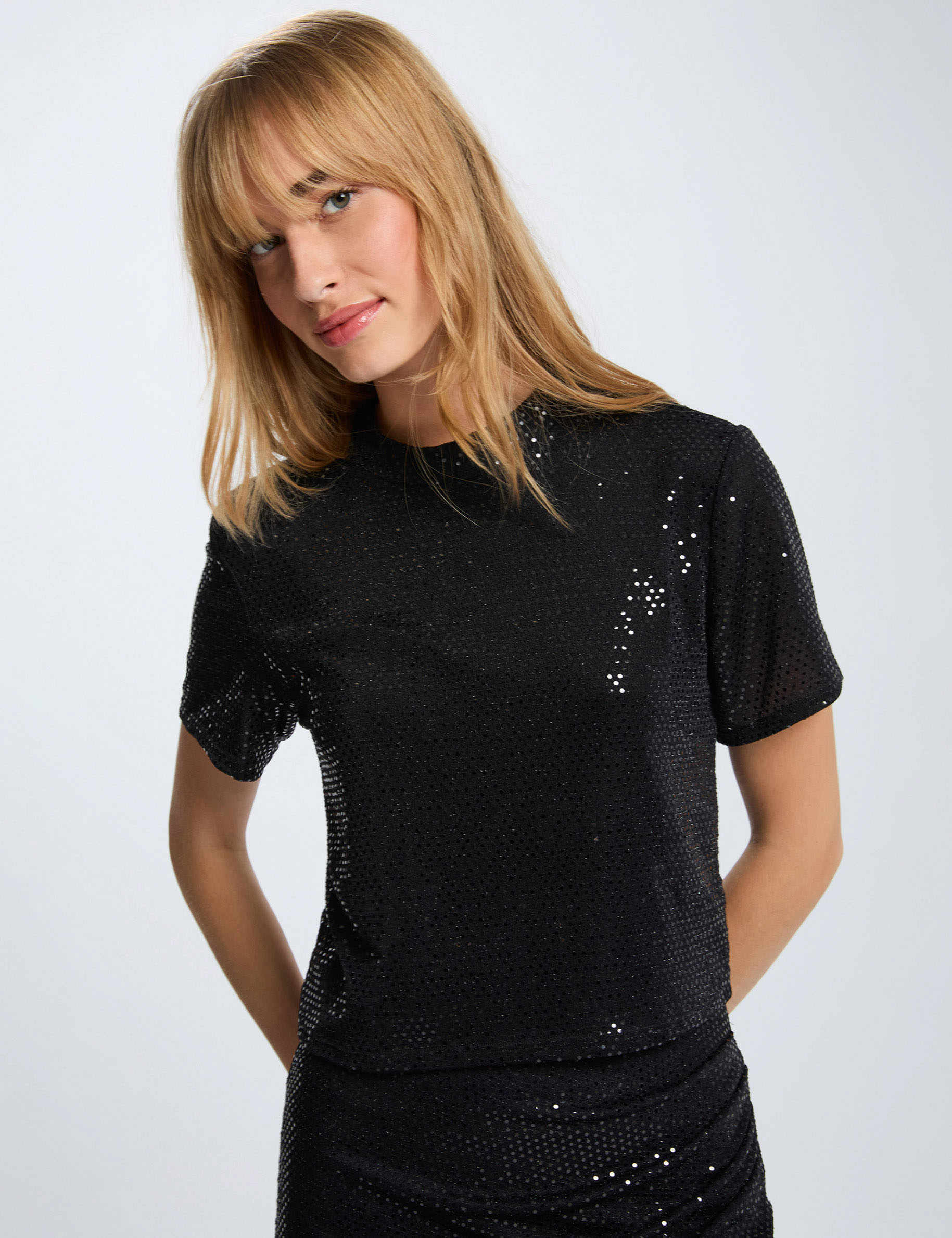 High neck sequin t-shirt black women