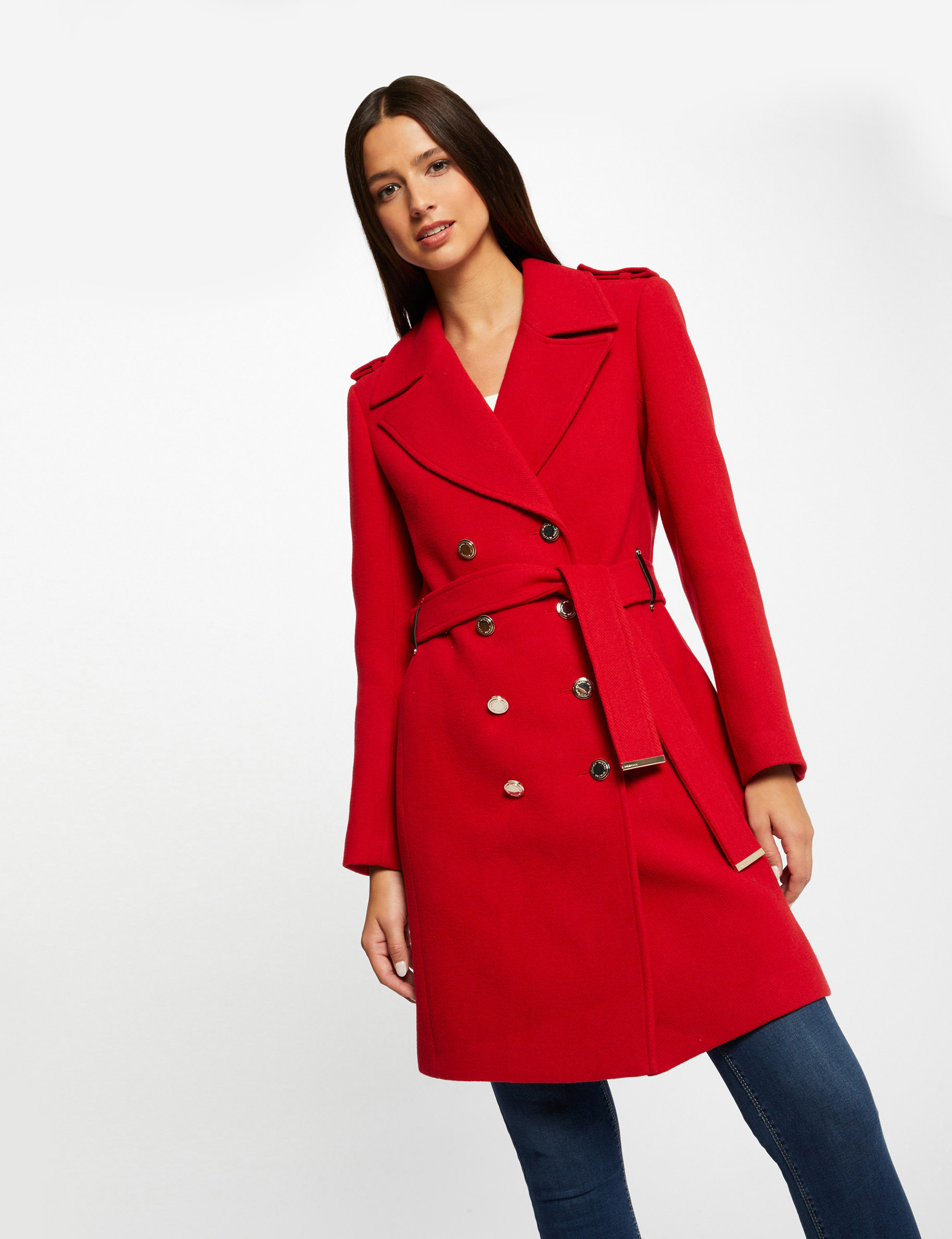 Long belted straight coat with buttons red ladies