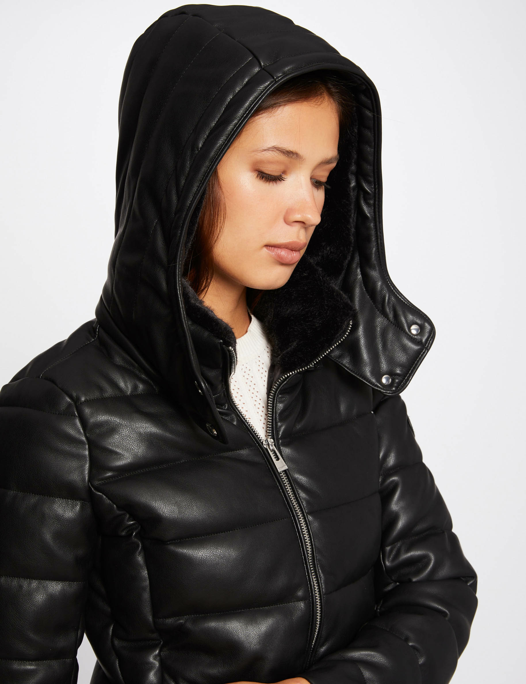 Straight padded jacket with hood black ladies'