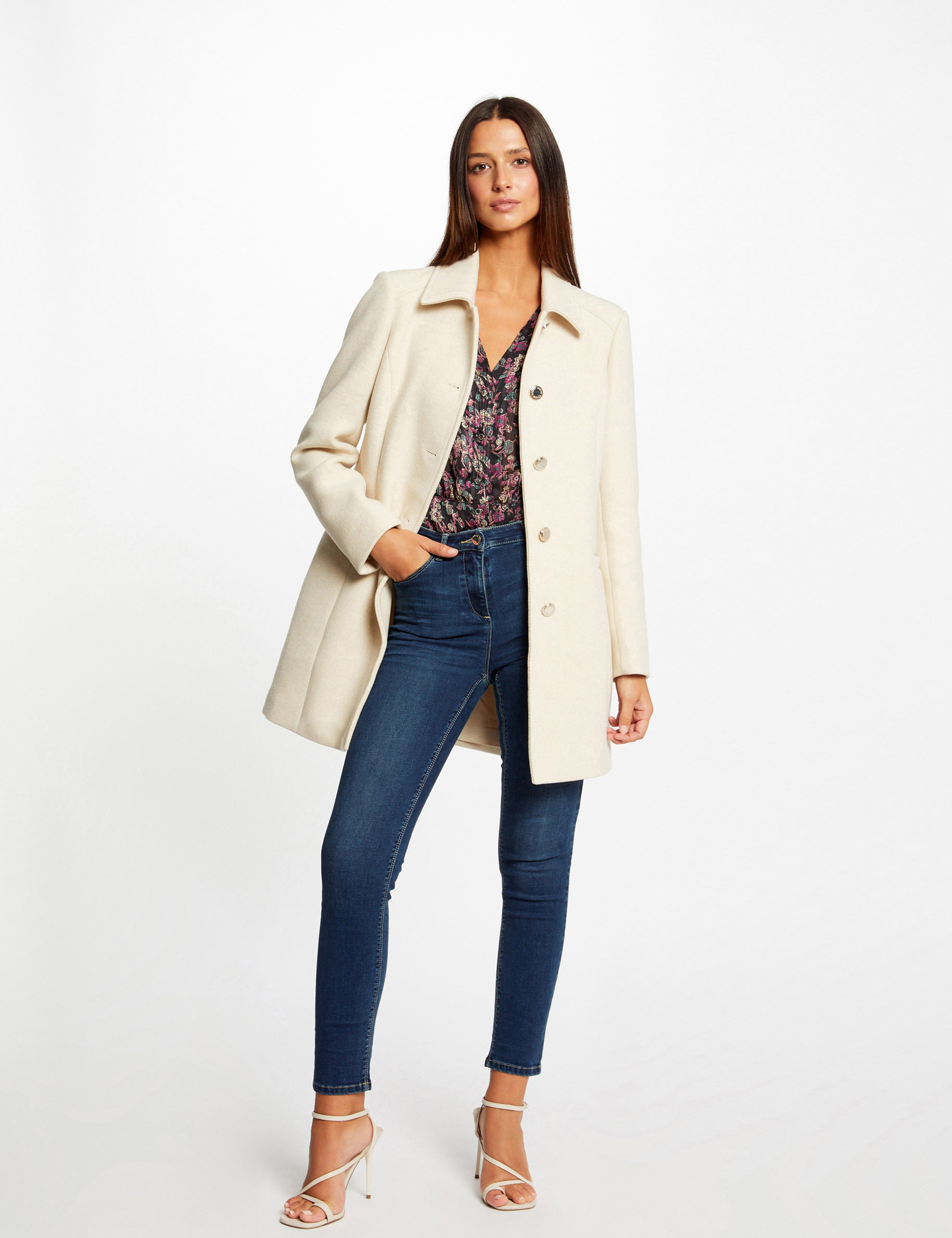 Long straight buttoned coat ivory ladies Morgan