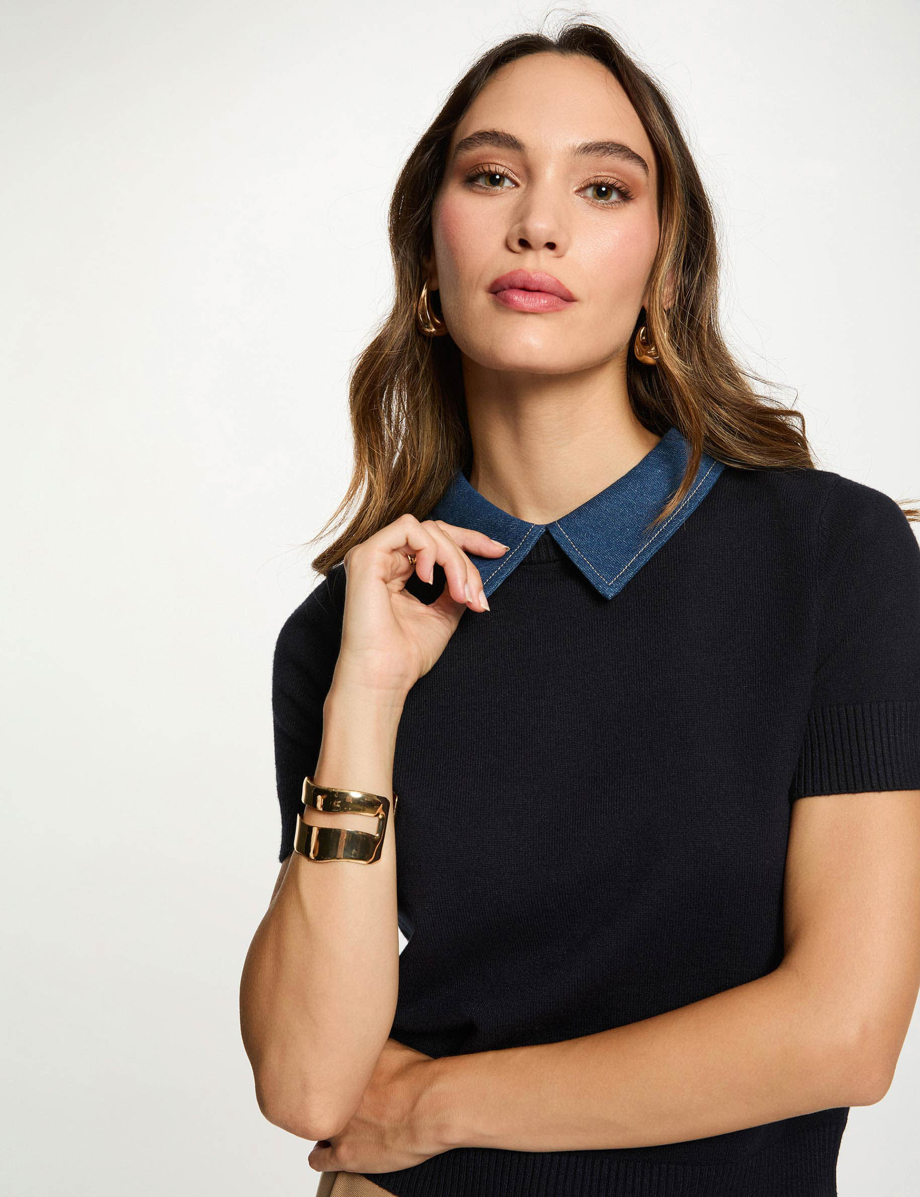 cropped sweater with shirt collar navy blue women Cropped sweater with shirt collar navy blue women