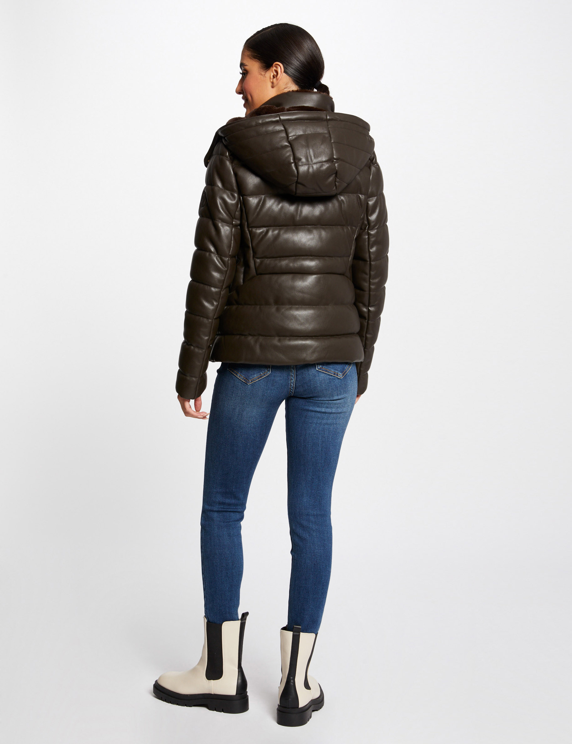 Straight padded jacket with hood chestnut brown ladies'