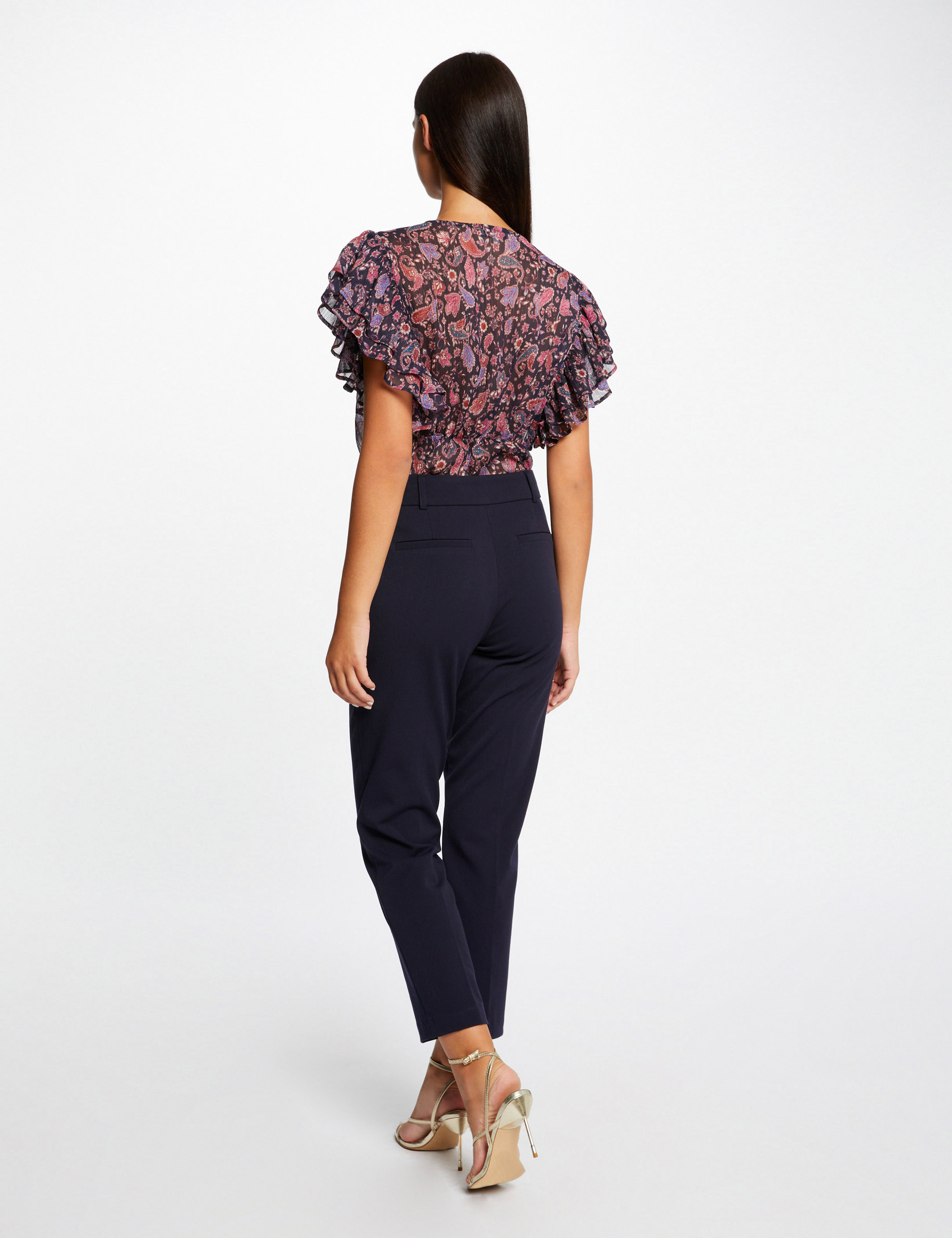 Short-sleeved blouse paisley print navy ladies'
