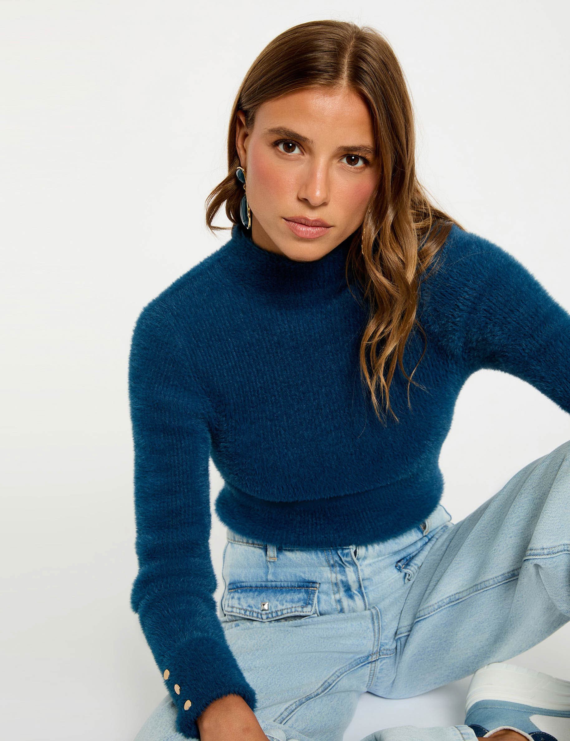 Long-sleeve fuzzy knit sweater petroleum blue women