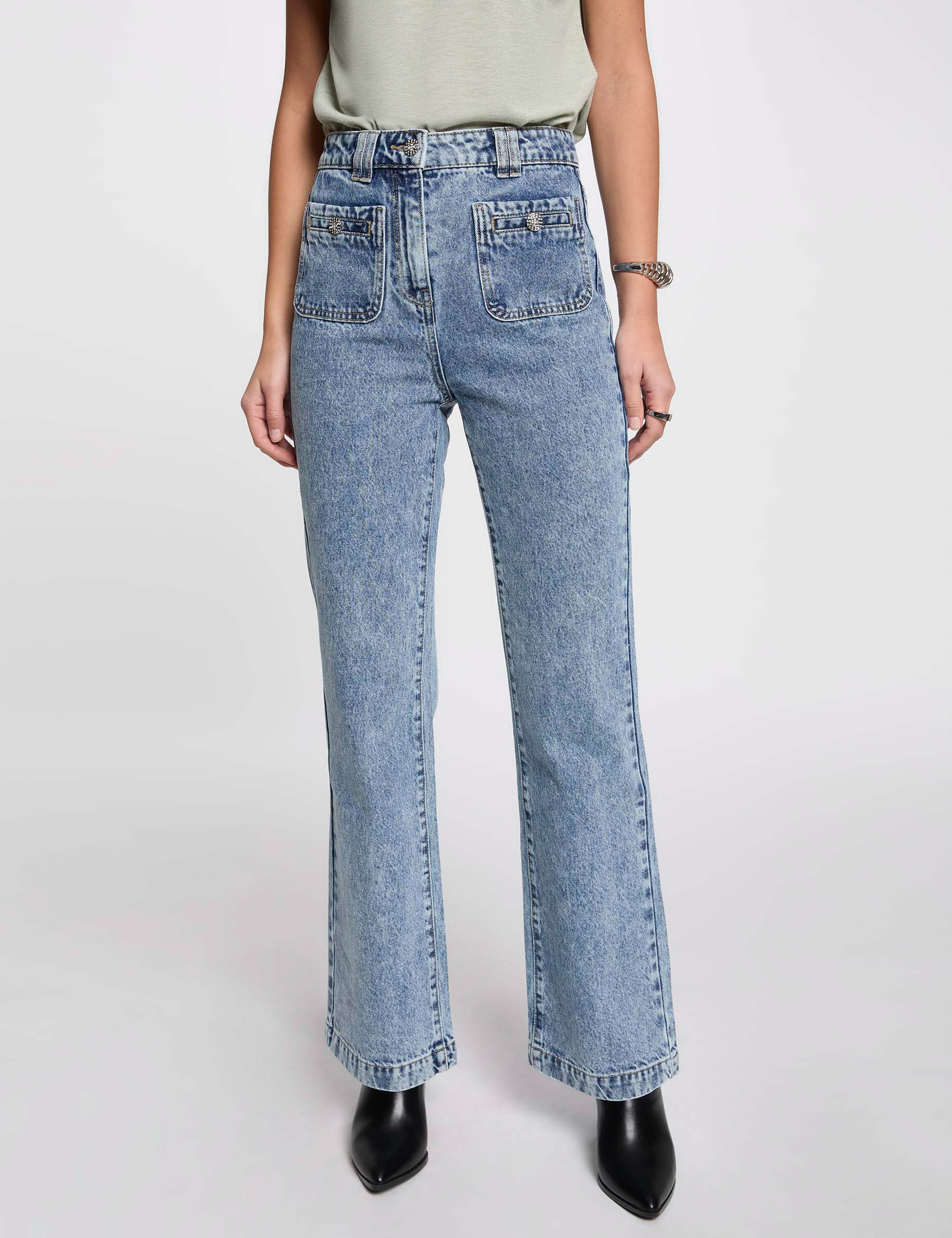 Wide leg jeans heavy stone wash denim women