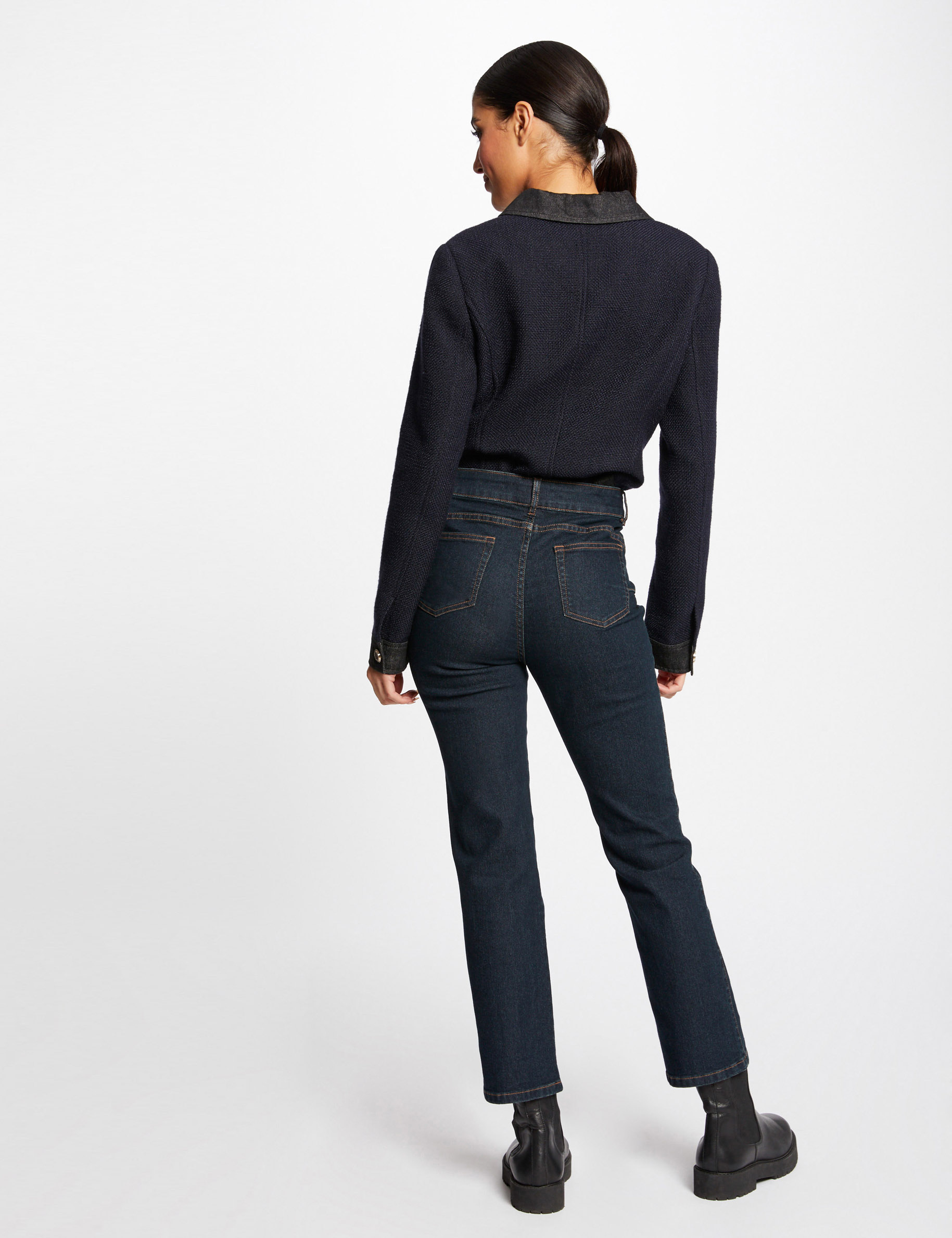 High waisted straight jeans with buttons raw denim ladies
