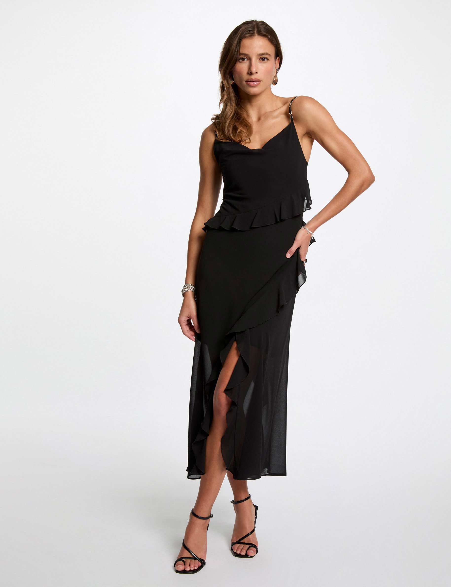 robe midi ajustee volants noir femme Robe midi ajustée volants noir femme