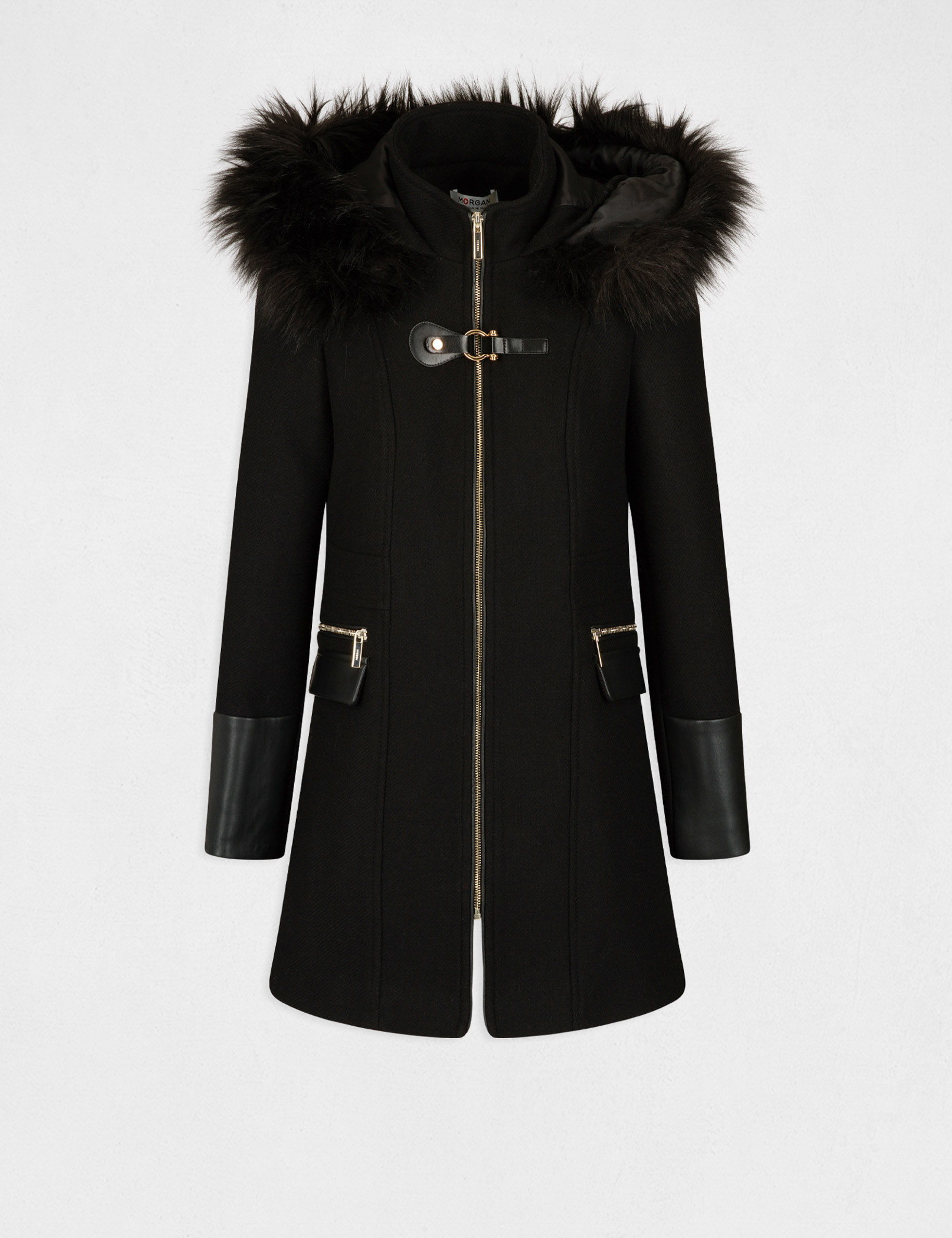 Straight zipped coat with hood black ladies'