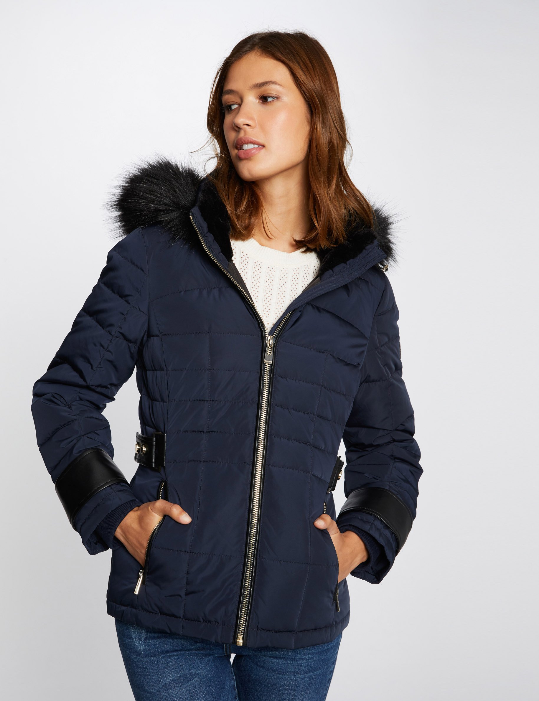 straight padded jacket with hood navy blue women Straight padded jacket with hood navy blue women
