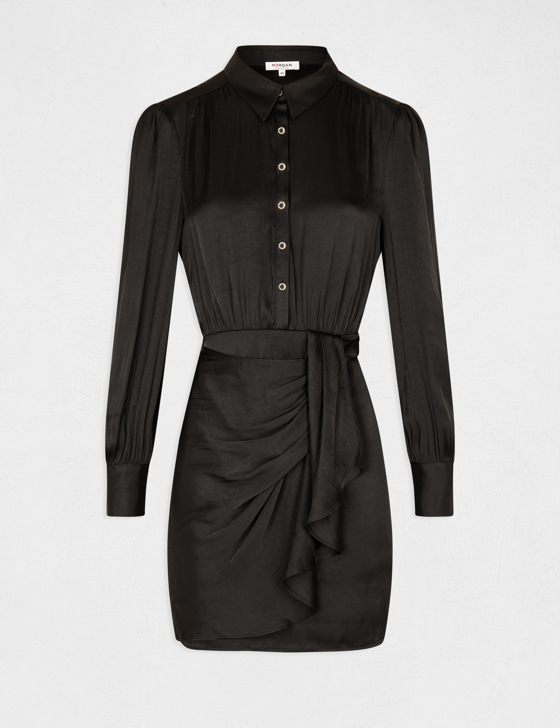 Satin draped straight dress black ladies'