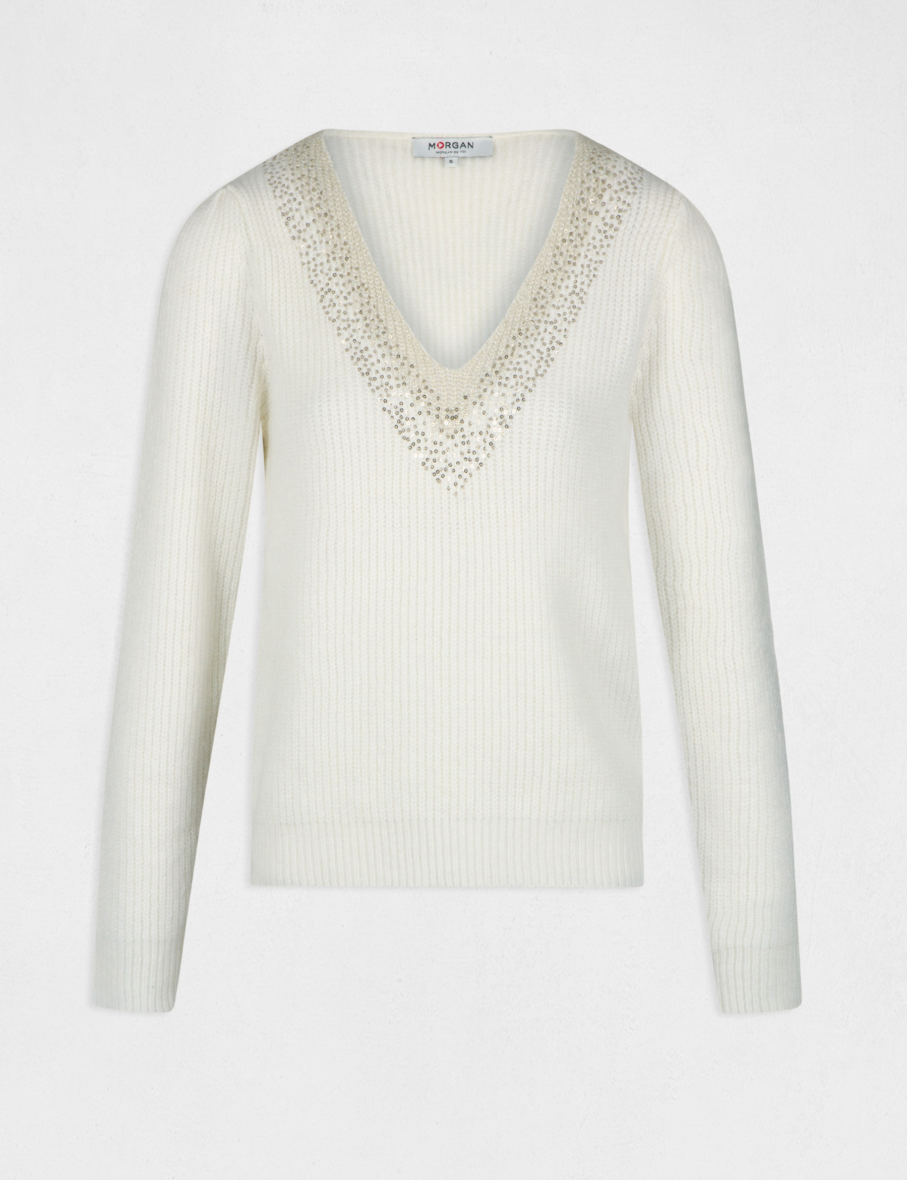 Long-sleeved jumper rhinestones details ecru ladies' Long-sleeved jumper rhinestones details ecru ladies'