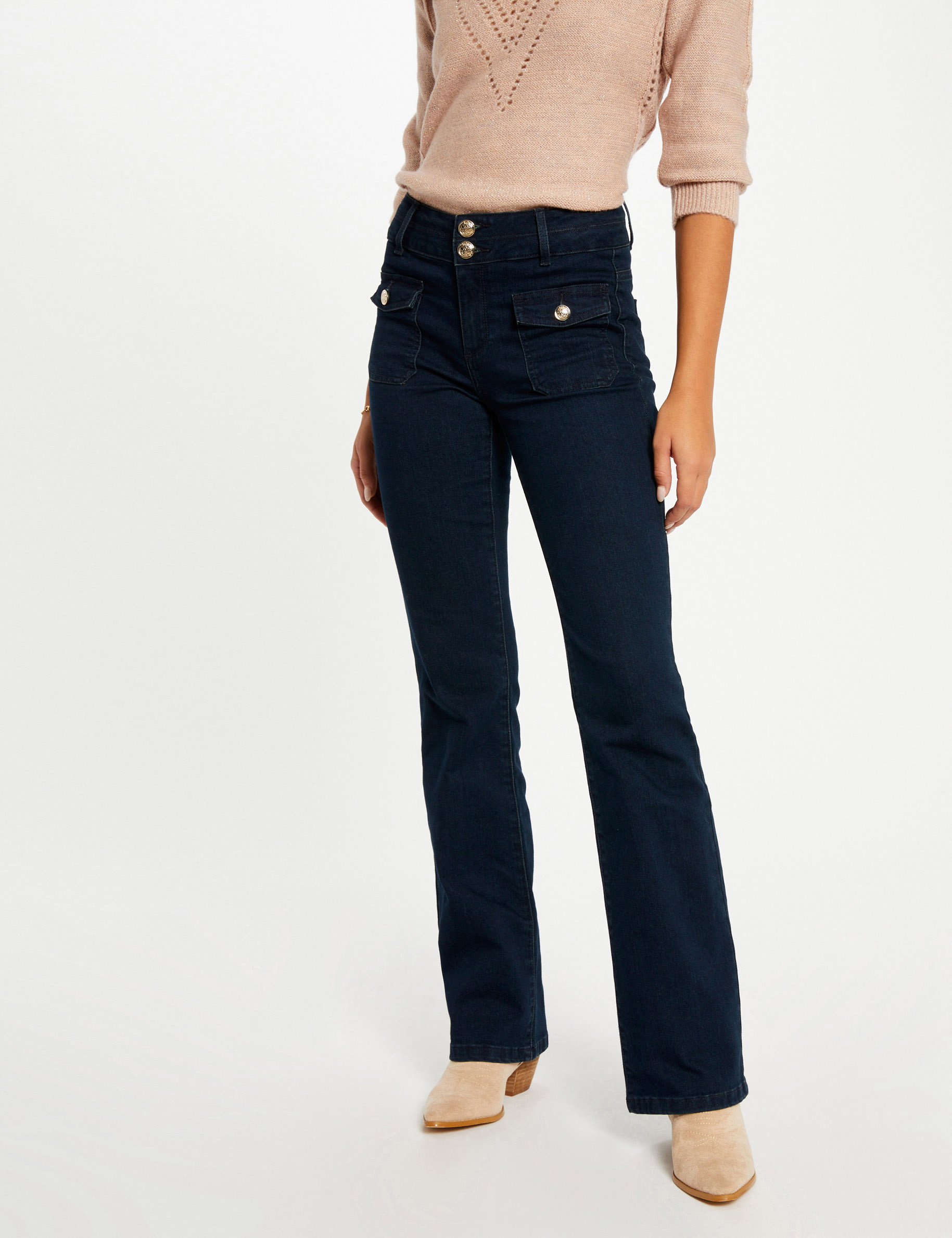 High-waisted bootcut jeans raw denim ladies