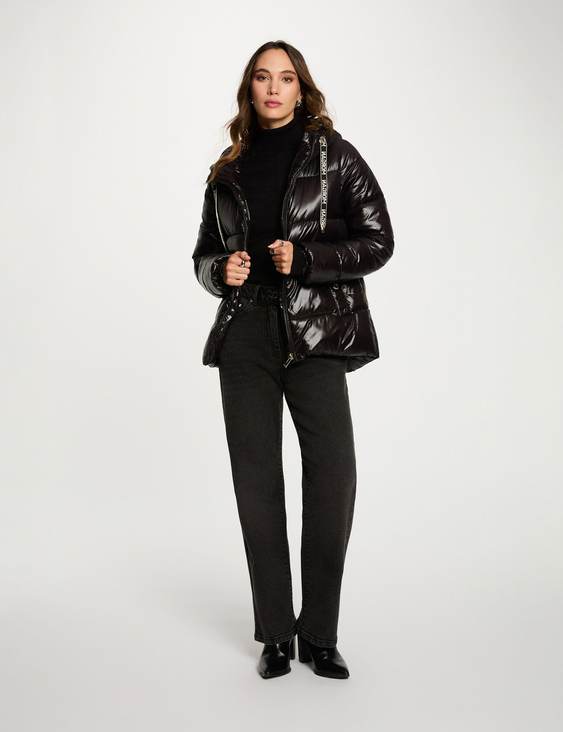 shiny cropped puffer jacket black women Shiny cropped puffer jacket black women