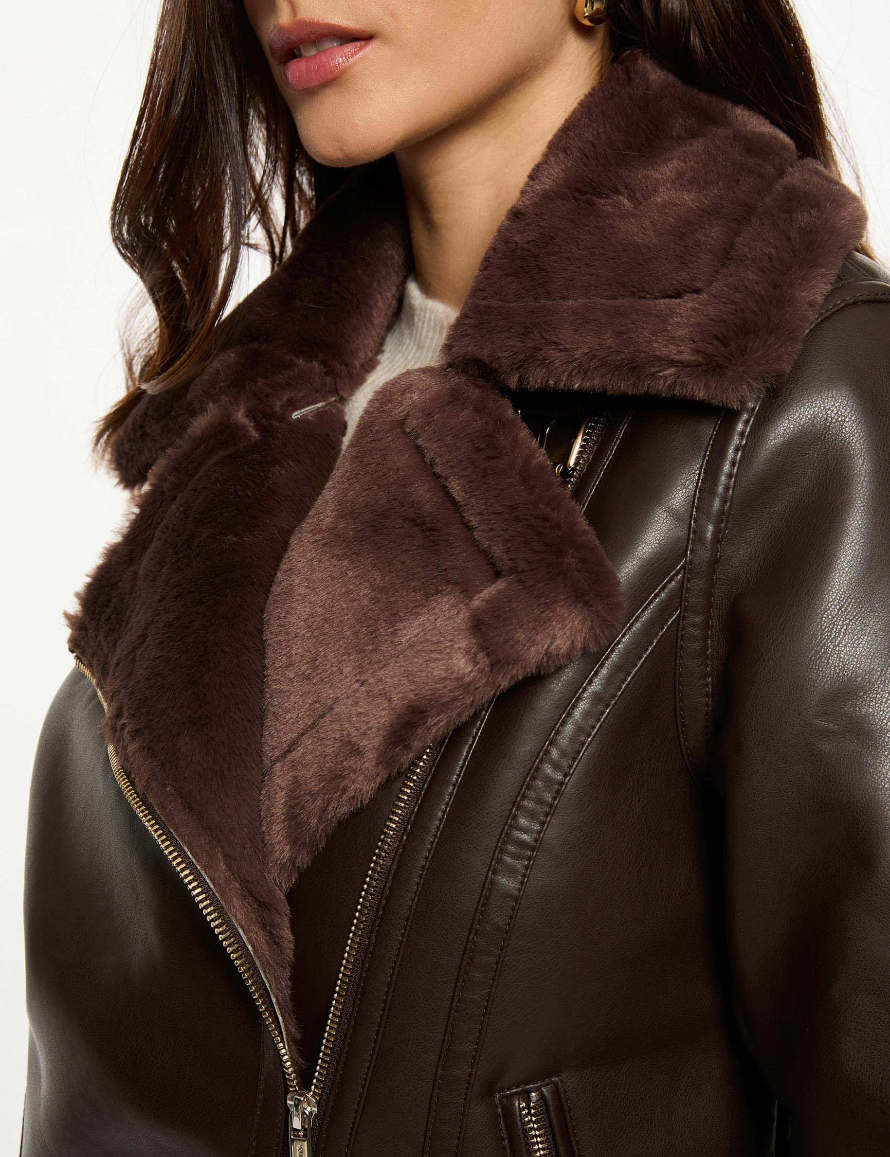 Oversized faux leather jacket dark brown women