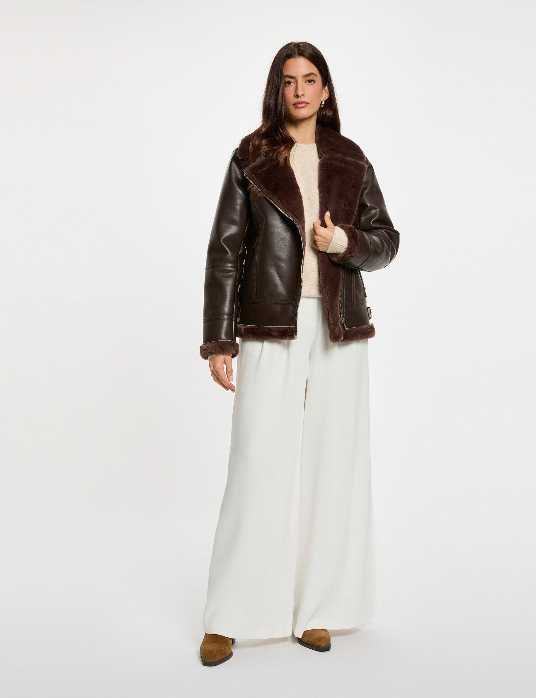 Oversized faux leather jacket dark brown women