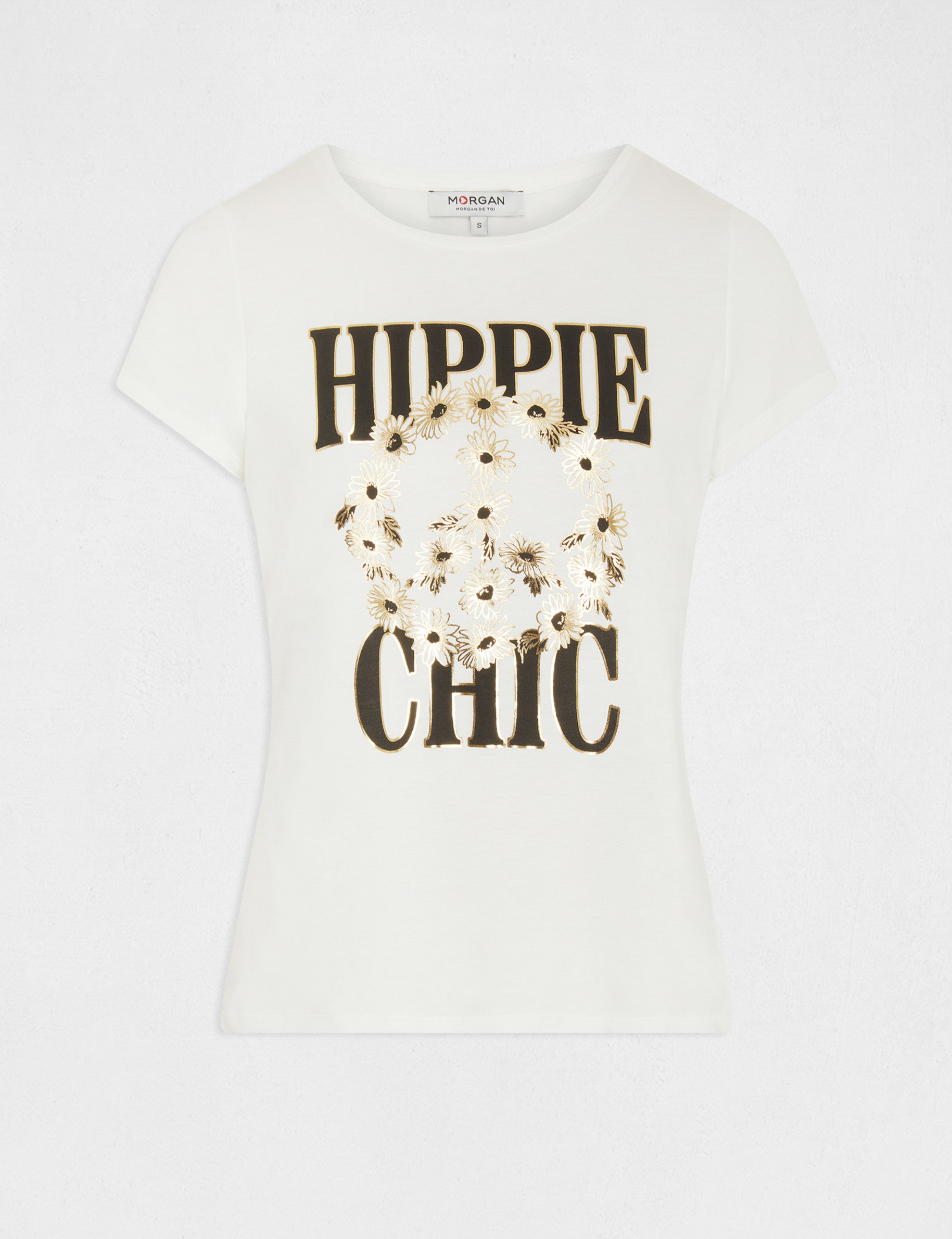 Short sleeved t shirt with message ecru ladies Morgan