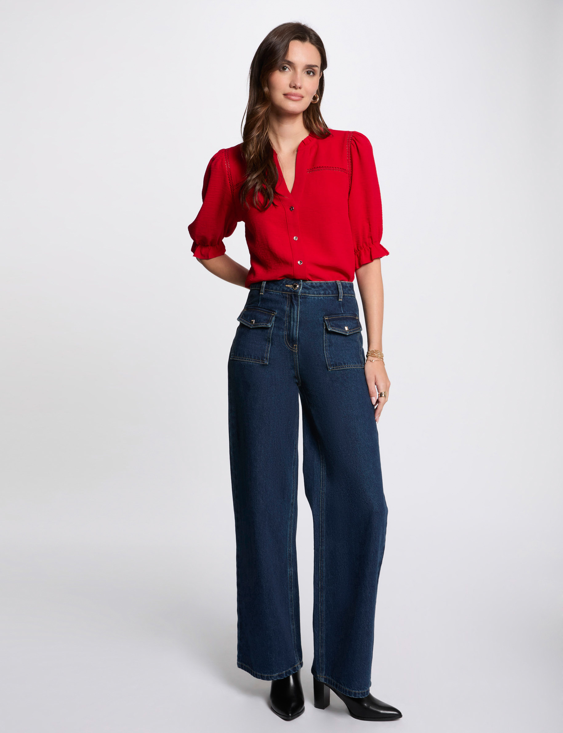 34 length sleeved blouse red women 3/4-length sleeved blouse red women
