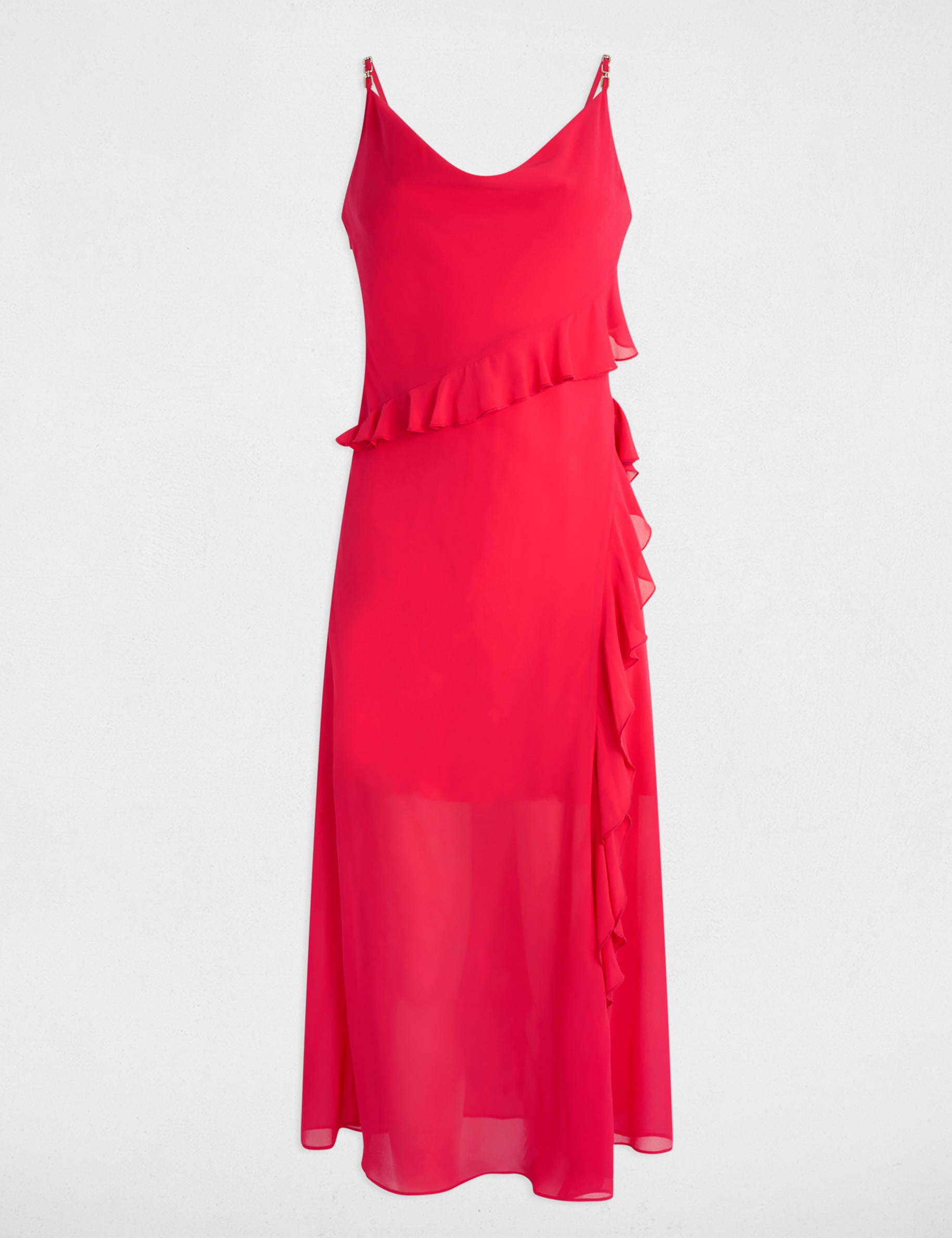 Robe midi ajustée volants rose fushia femme