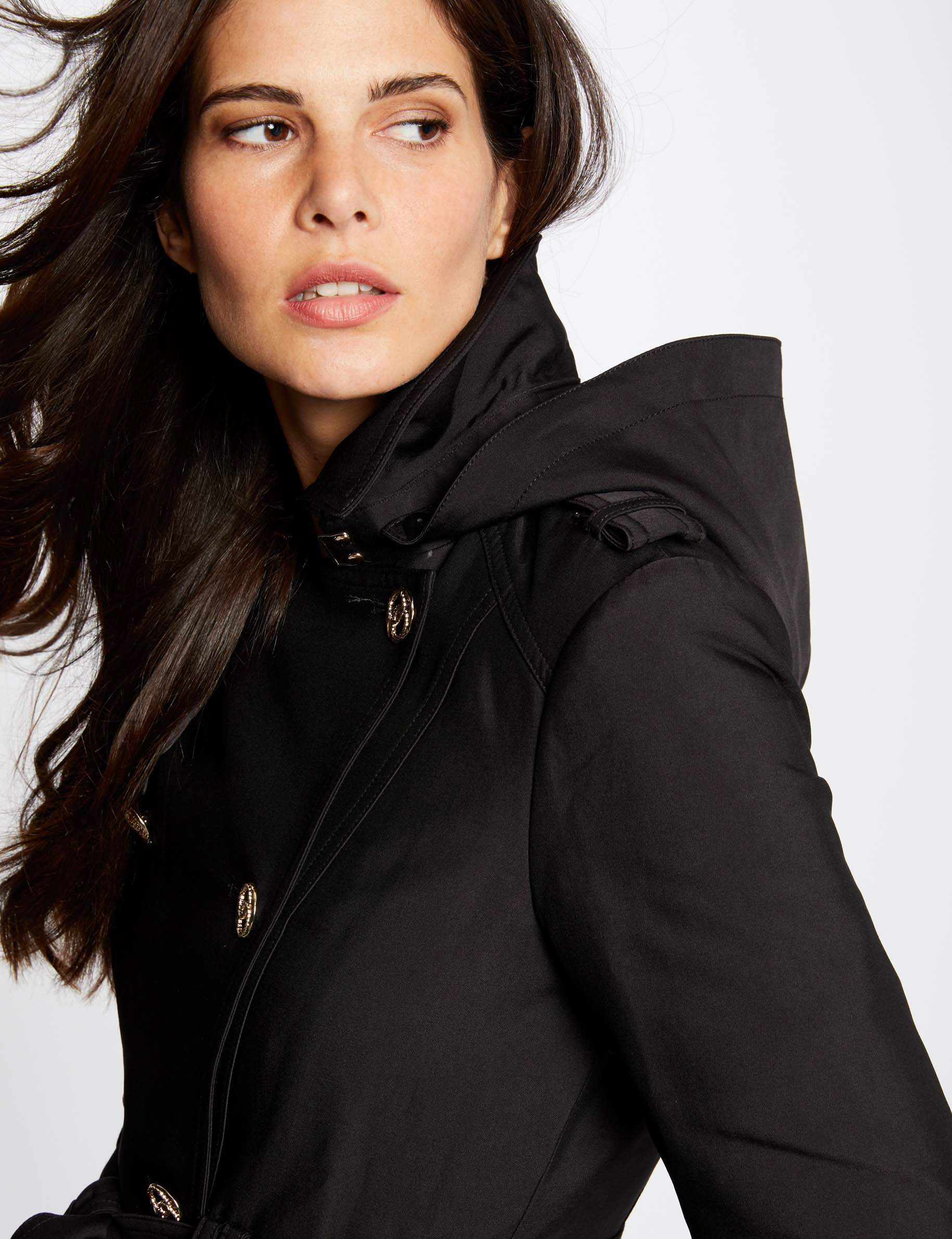 Straight belted trenchcoat with hood black ladies'