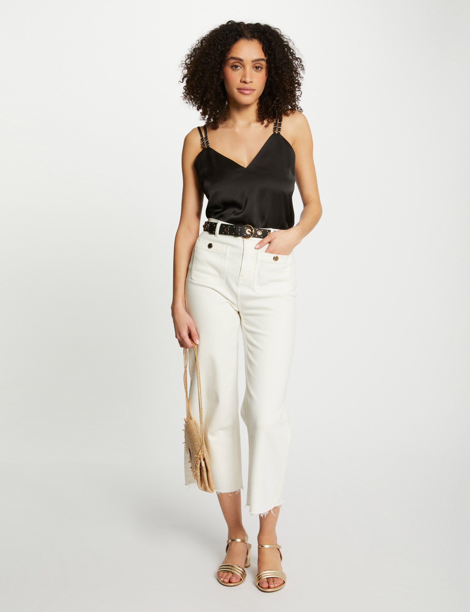 Top satin à bretelles noir femme