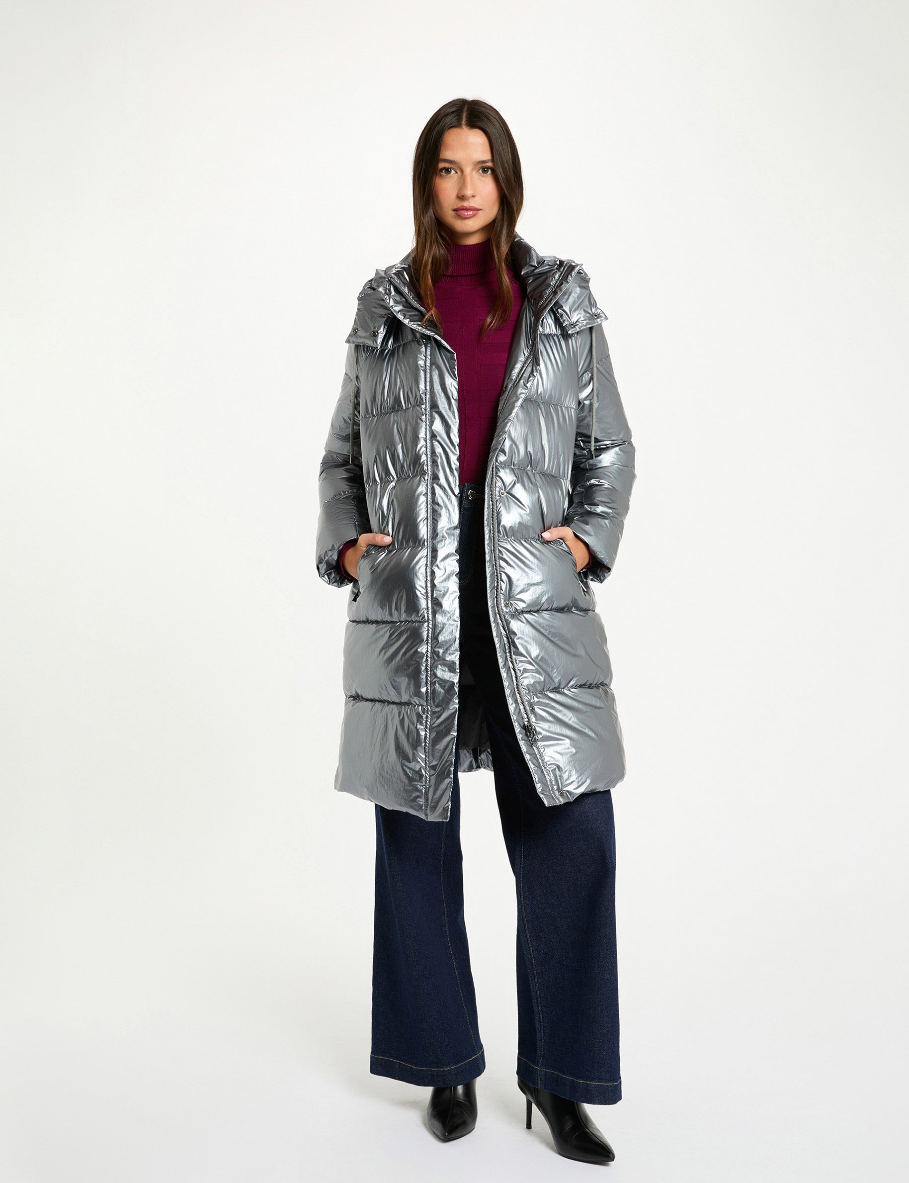 Shiny long puffer jacket silver color women