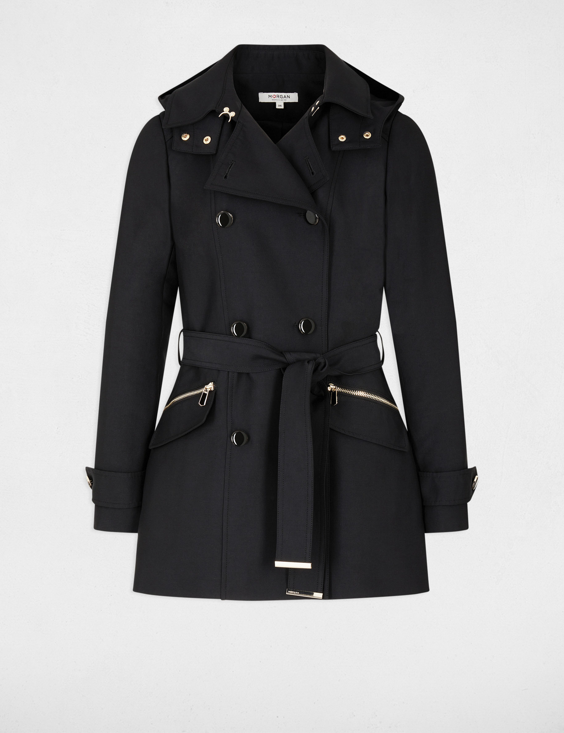 Waisted belted trenchcoat with hood black women