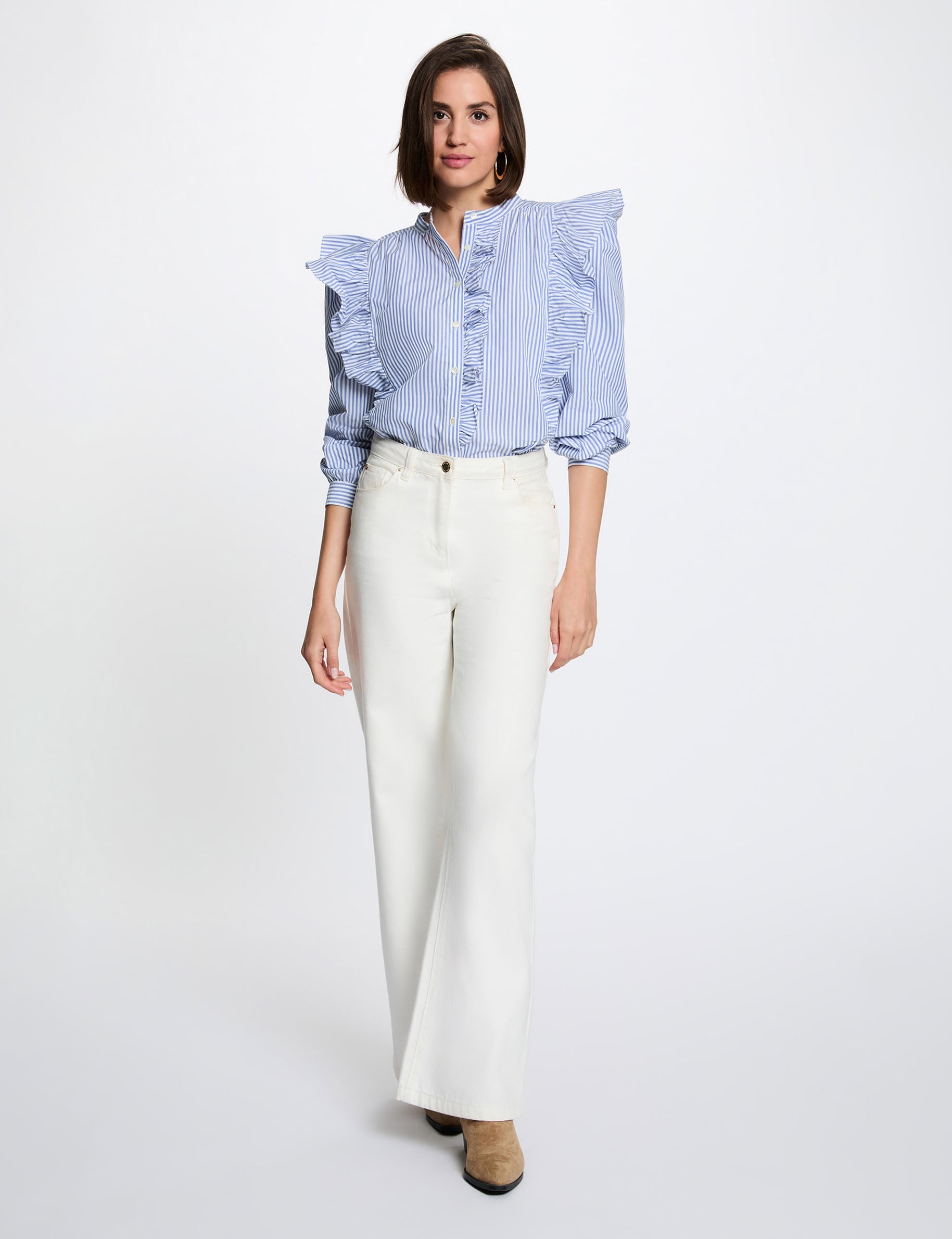 Striped shirt with mandarin collar sky blue women