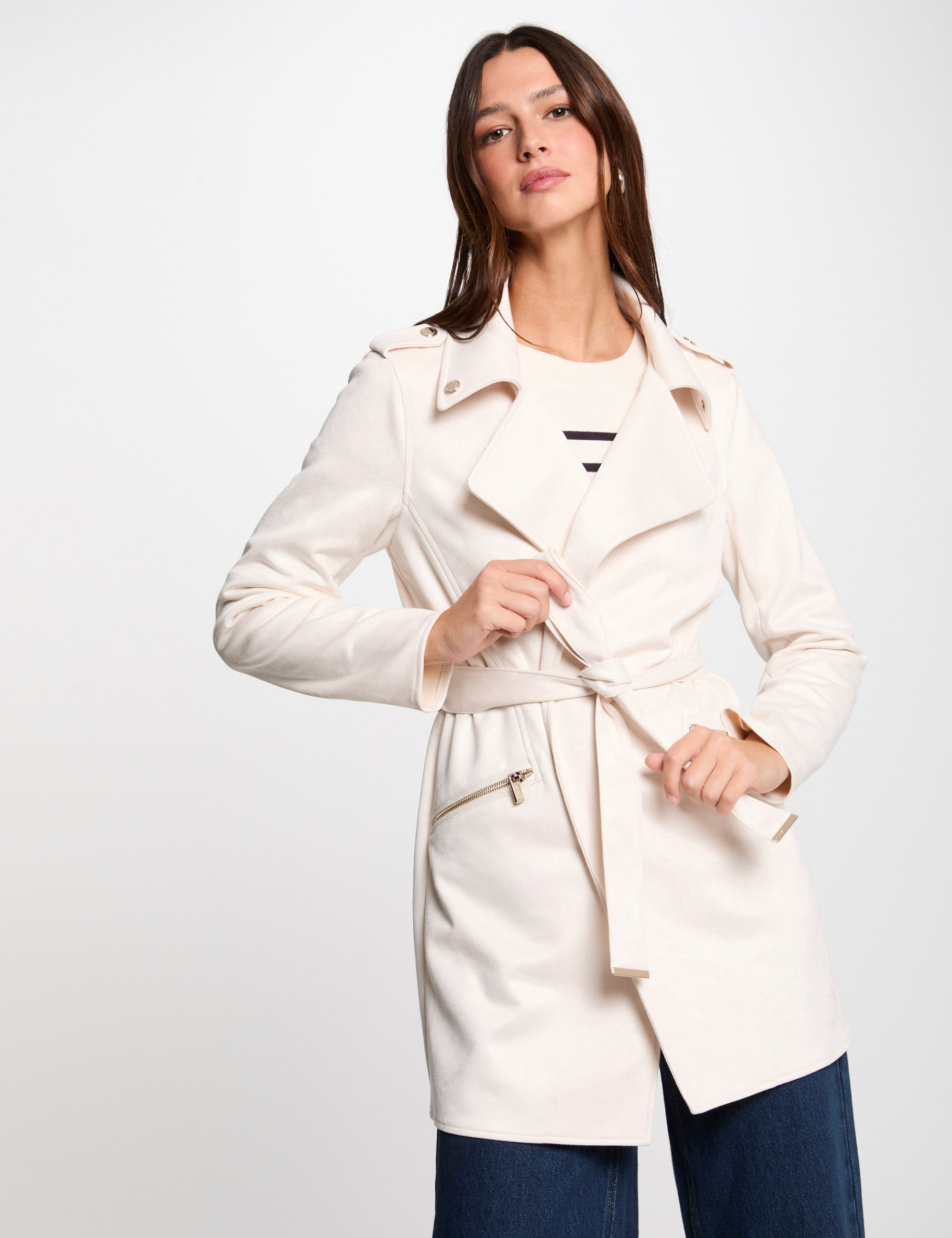 belted long suede coat ivory women Belted long suede coat ivory women