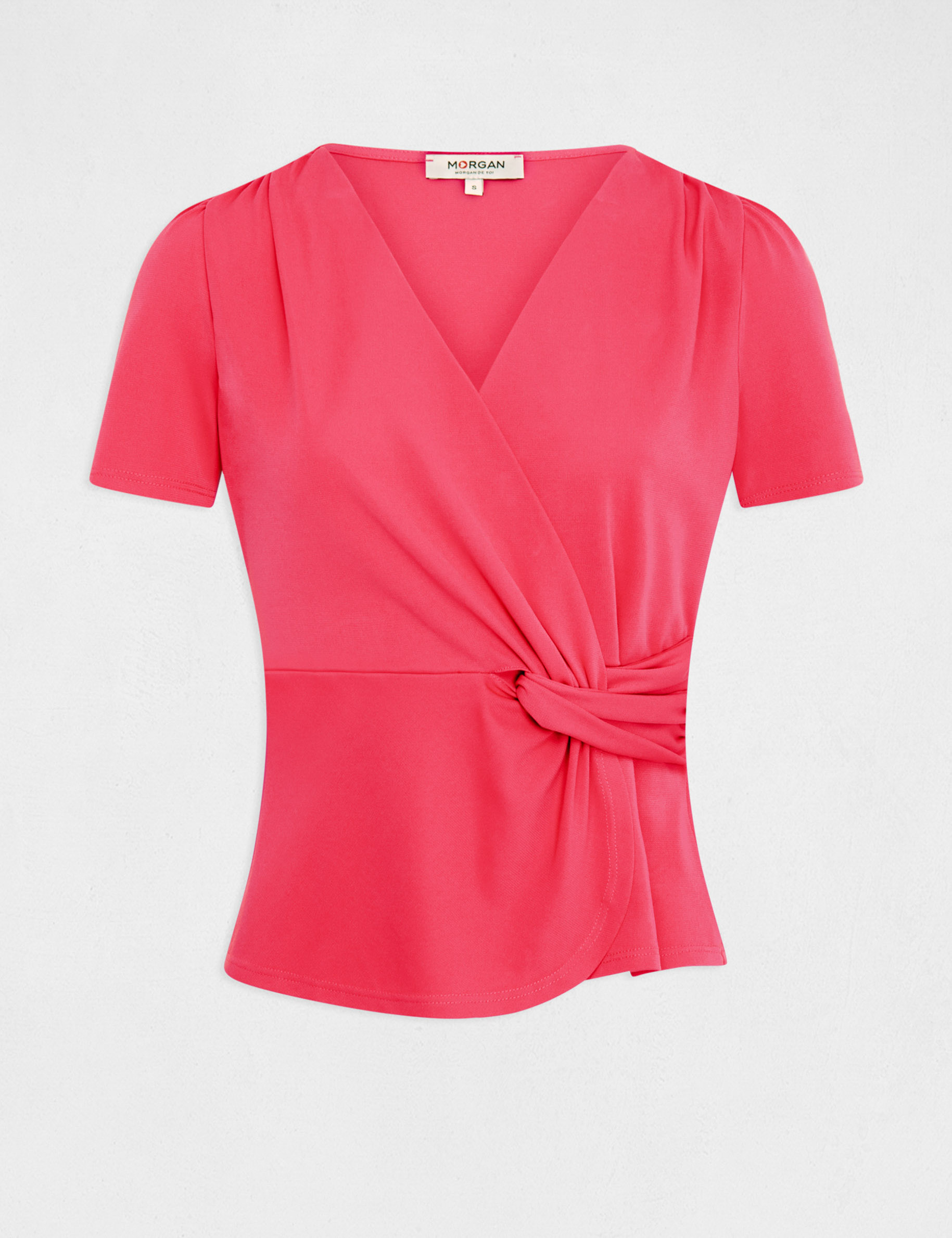 Short-sleeved t-shirt wrap-over neckline raspberry ladies'