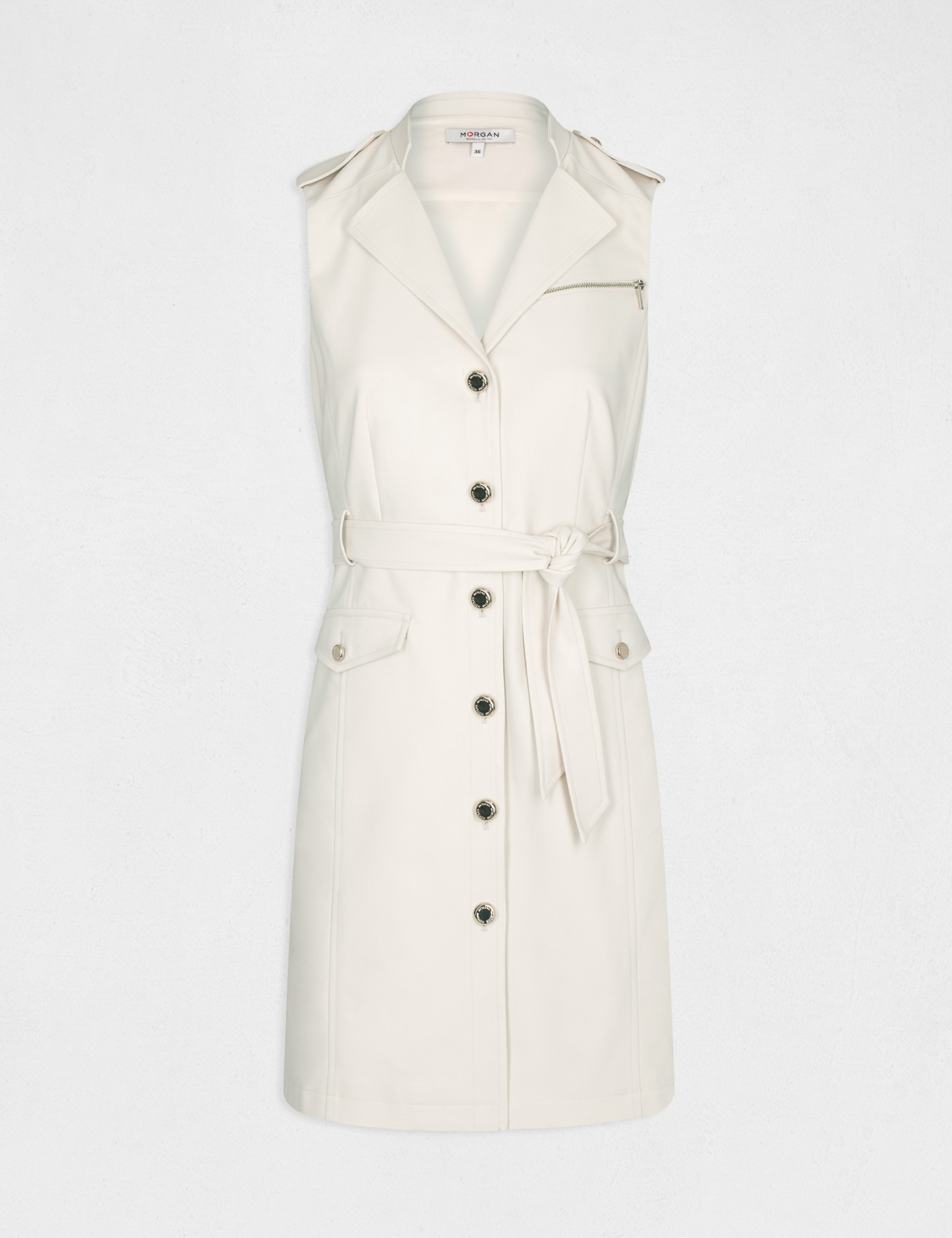 Straight buttoned and belted dress ivory ladies'