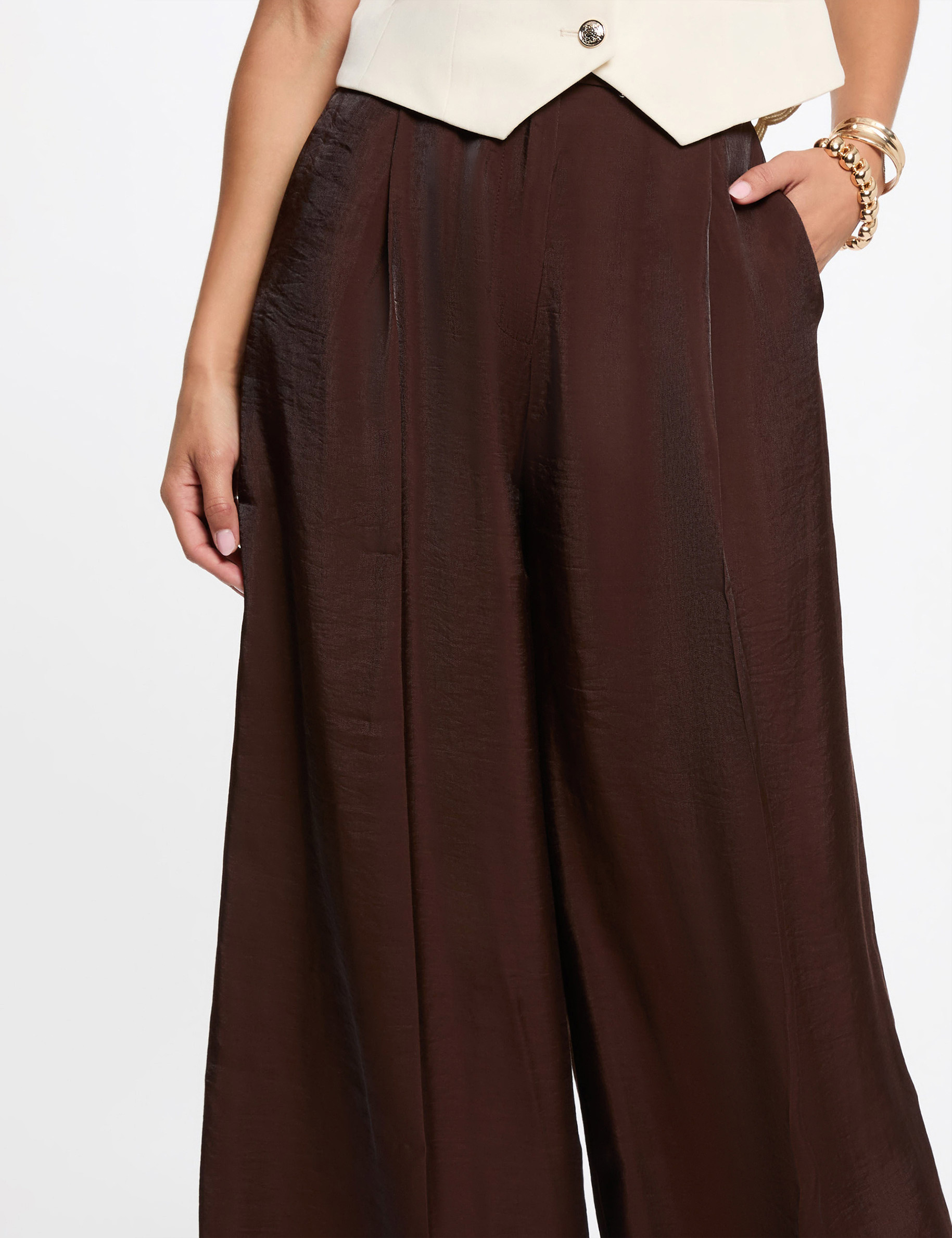 Wide-leg high-waisted trousers dark brown women